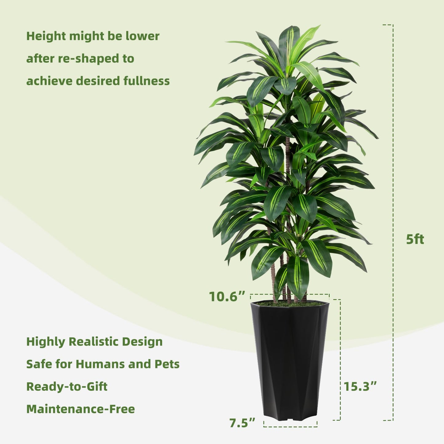 Artificial Dracaena Plant Indoor 5FT Fake Tree with Mocha Diamond Planter Faux Yucca Tall Fake Floor Plant Potted Artificial Trees for Home Office Living Room Decor Indoor
