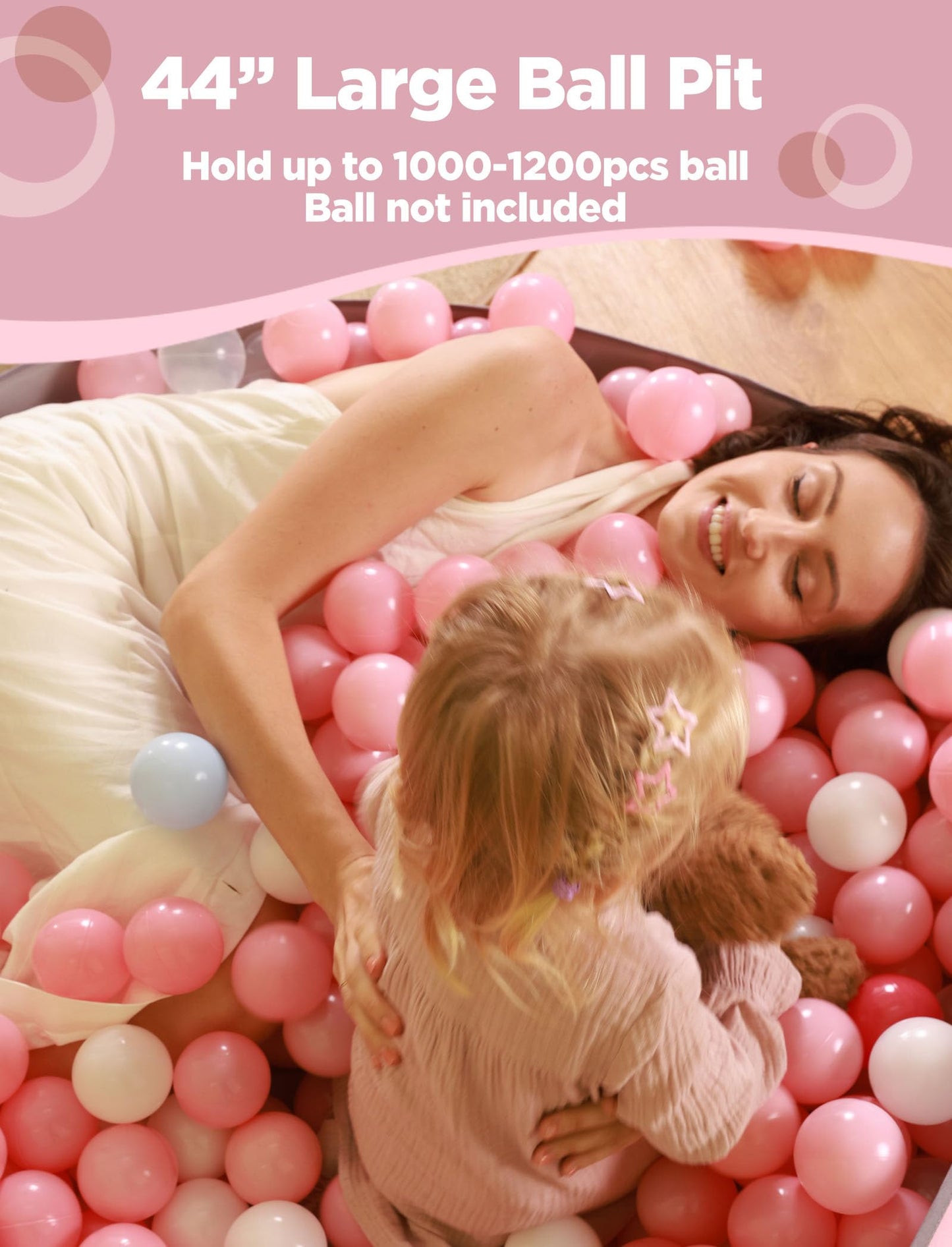 Hikiddy Large Ball Pit for Toddlers - 44 in Baby Ball Pit with Pop-Up Playmat, Foldable Kids Ball Pool, Dog Play Pit, Indoor and Outdoor Use, Hold Over 1000 Balls, Balls Not Include (Pink)