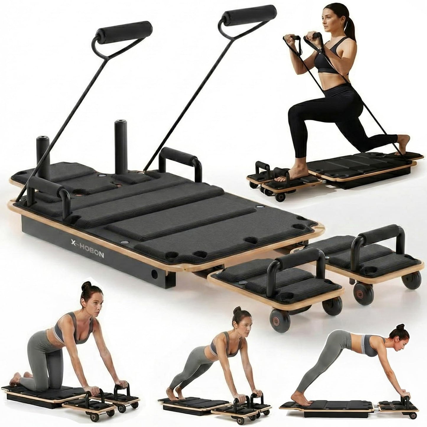 X-HOBON Home Pilates Board Reformer, Pilates Reformer / Gliding Board, Slide Design, Maple & High Strength Steel Rails, Adjustable Resistance Bands, PU Wheels, Quick Assembly (Black)