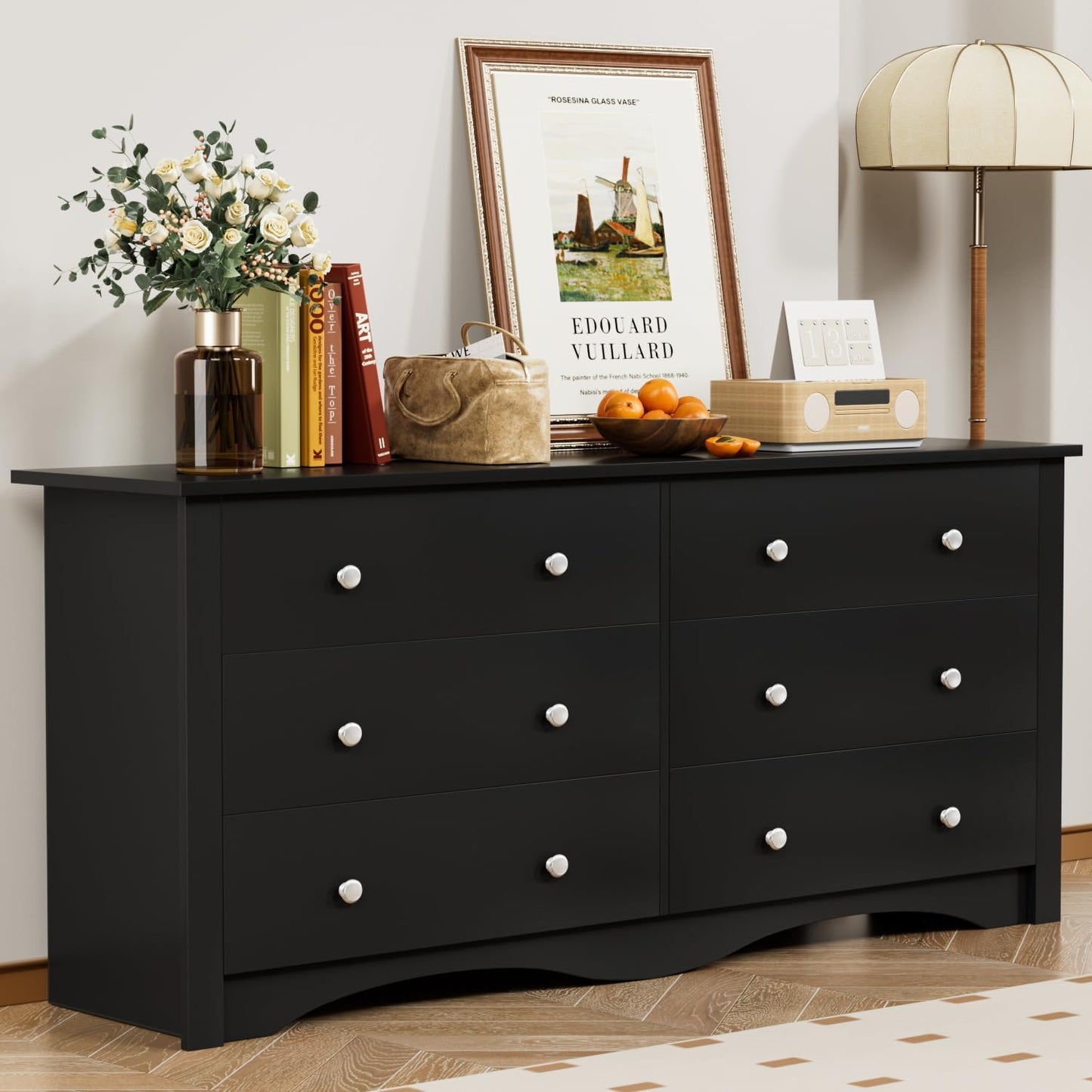 YESHOMY Black Dresser for Bedroom with 6 Drawers, 58" Wide Modern Chest of Drawers, Wooden Dresser, Storage Organizer for Living Room, Hallway