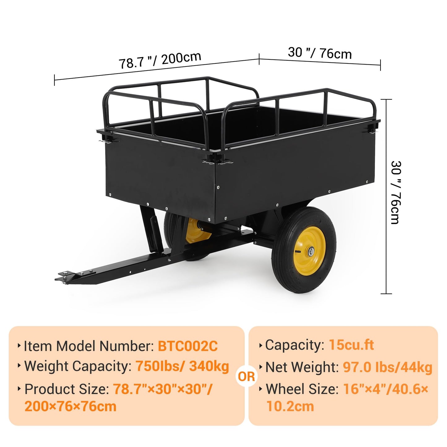 750LB Capacity Steel Dump Cart - Heavy Duty ATV Trailers Pull Behind - Garden Utility Trailer Yard Trailers for for Lawn Mower Tractor