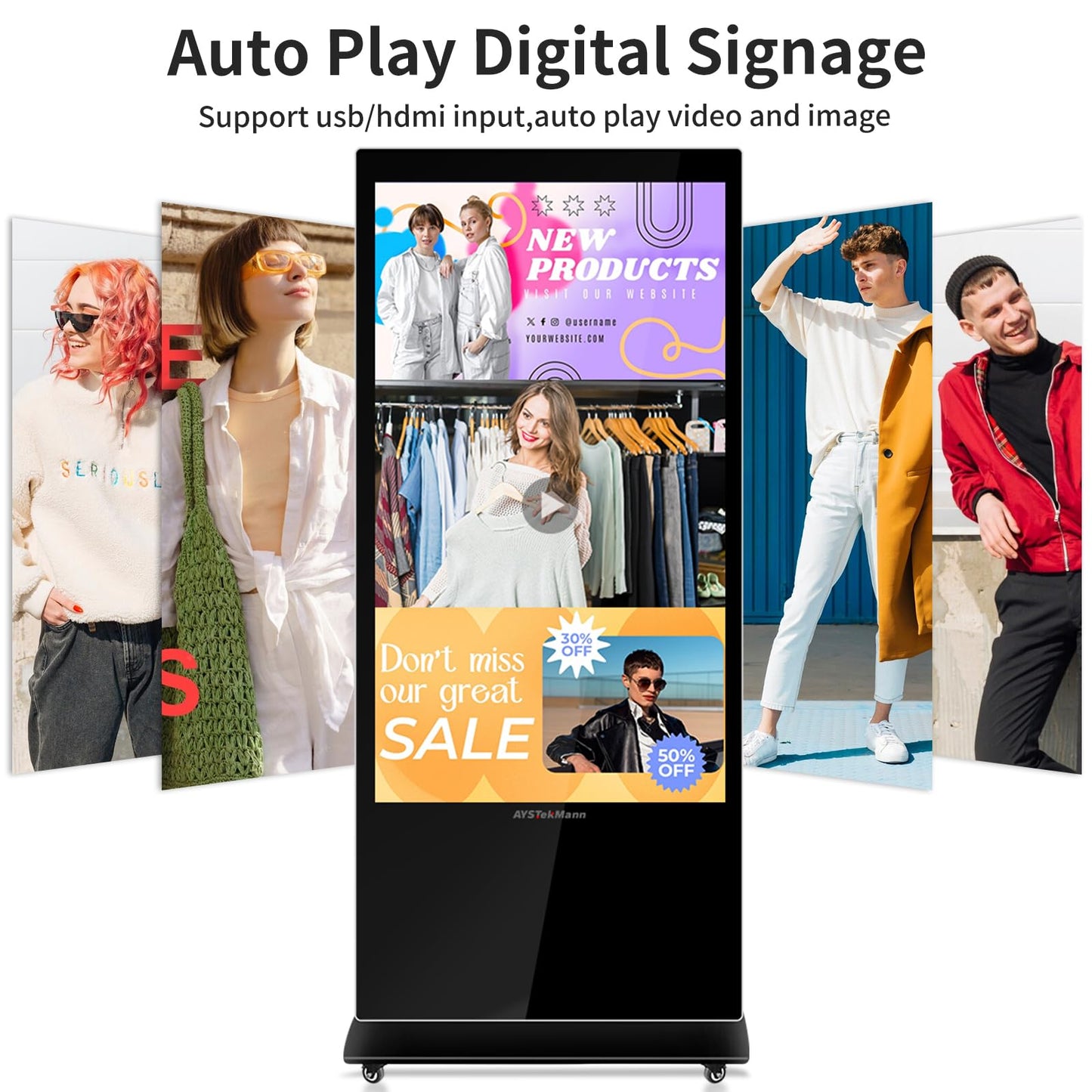 AYSTekMann 43 inch Digital Signage Displays, 2K LCD Touch Screen Floor Standing Digital Signage, Indoor Digital Adverstising Kiosks with HDMI Input, Android 11(2+32GB)