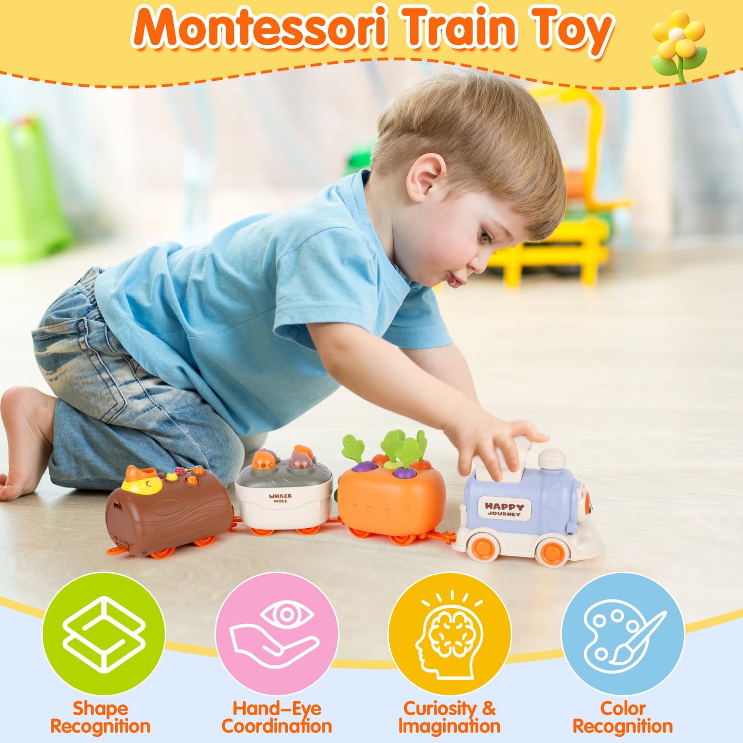 Sizobi Press to Go Train Toys for Toddlers 2-4, Learning Sorting Montessori Toys for Kids 3+, Fine Motor Skills Educational Train Set, Preschool Learning Activities Birthday Boys Girls