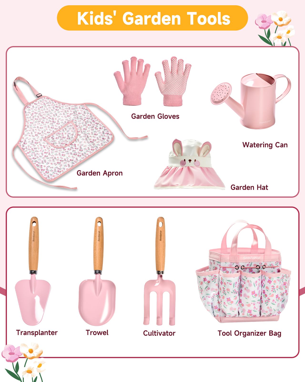 Seedypop Kids Gardening Tool Set Toys - 8 Pieces Quality Garden Kit for Toddlers & Kids with Shovels, Rake, Watering Can, Hat, Apron, Gloves & Storage Bag (Pink Flower)