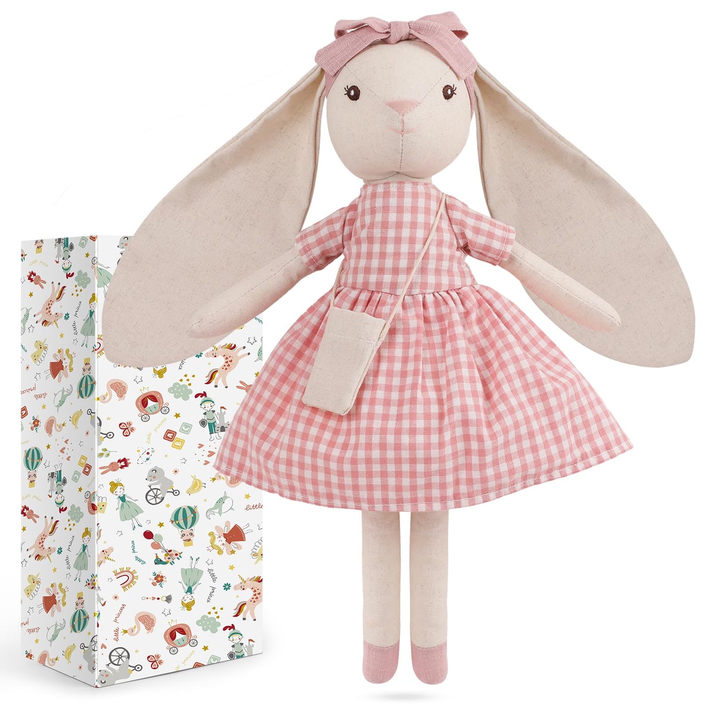 Mikee Fluffie 15" Bunny Stuffed Animal for Girls, Plush Toy Doll -Wearing Pink Plaid Dress,Cute Doll Set Dress Up for 3 4 5 Year Old Girl - Gift for Little Girl, Birthday, Easter,Christmas