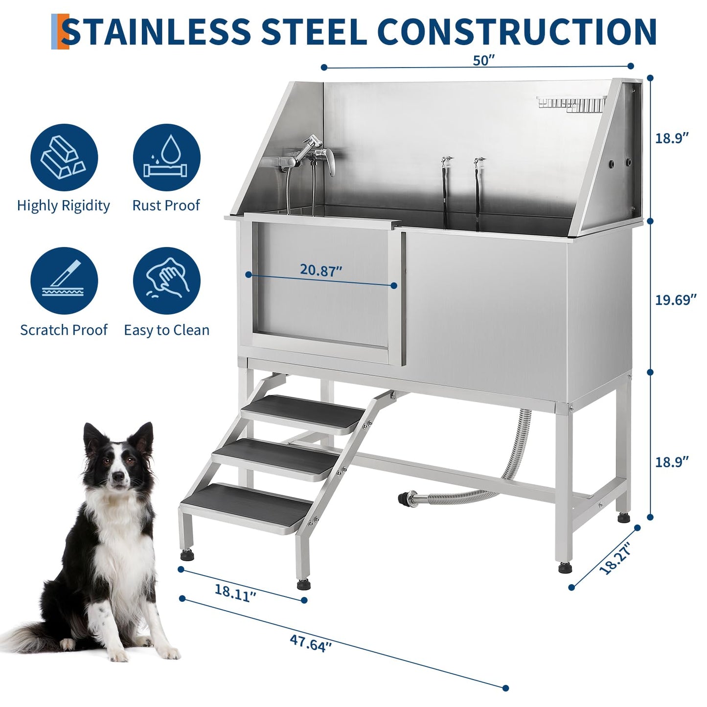 Patikuin Professional Stainless Steel Dog Grooming Bath Tub – Slide-in Ramp, Non-Slip Grate, Adjustable Height, Shower, Soap Box, Faucet – for Small, Medium & Large Breeds – Polishing Process Silver,