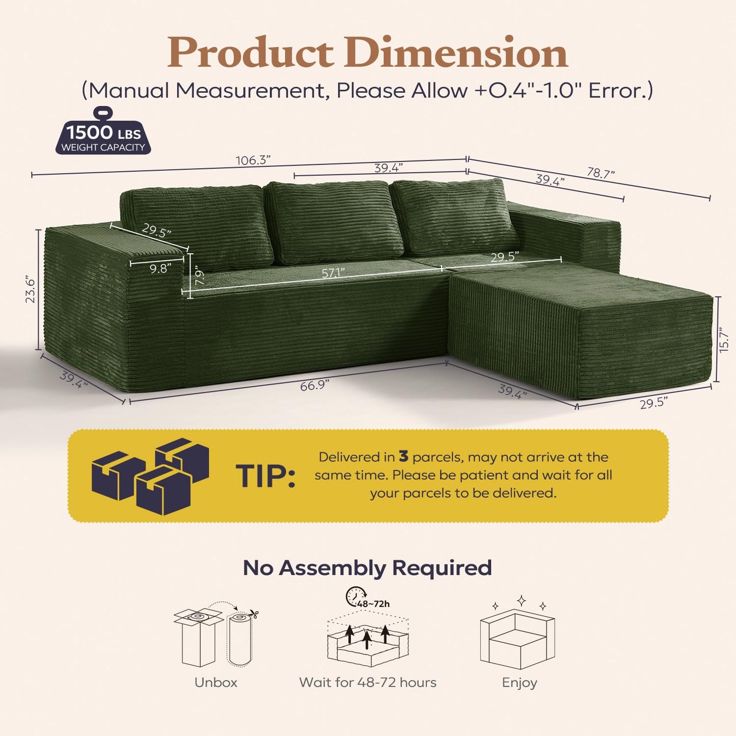 Furnify 106" Modular Sectional Sofa with L-Shape Chaise, Right/Left Facing Deep Seat Cloud Couch, No Assembly Required, Upholstered Couch for Living Room Bedroom (Plush Corduroy Fabric, Green)