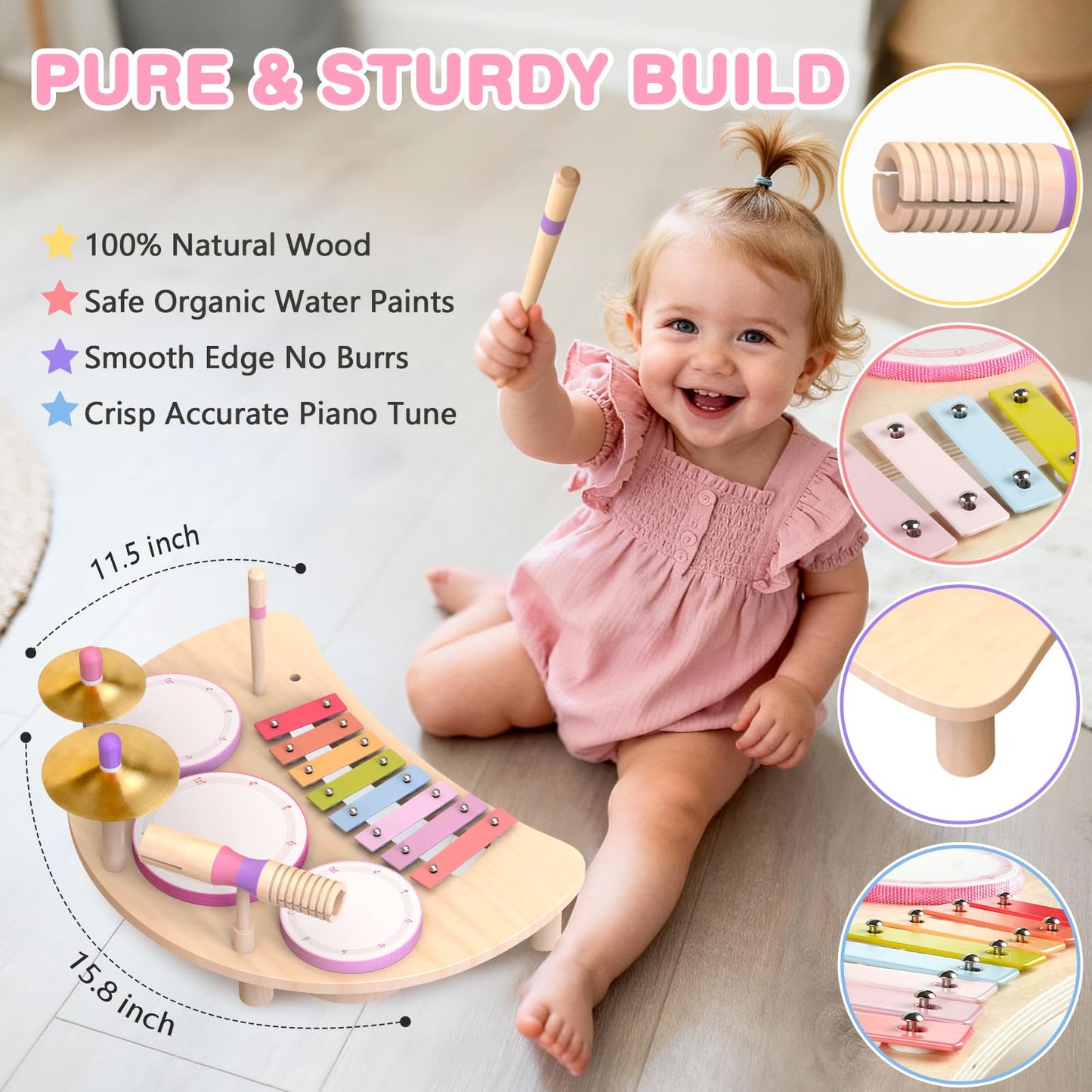 Kids Drum Set Montessori Musical Instruments for Toddlers 1-3, Wooden Baby Drum Kit with Xylophone, Preschool Music Toys for Early Learning, Educational Birthday Gift for Boys Girls (Pink)