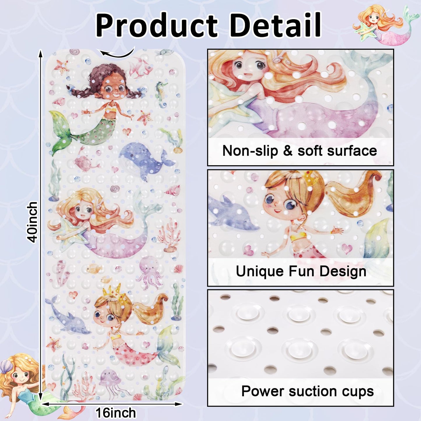 Topotdor Baby Bath Mat, Cartoon Bath Mat for Tub Non Slip Kids, 40x16 Inch Extra Long Toddler Bathtub Mat with Drain Holes & Suction Cups, Machine Washable Anti-Slip Shower Mat, Mermaid