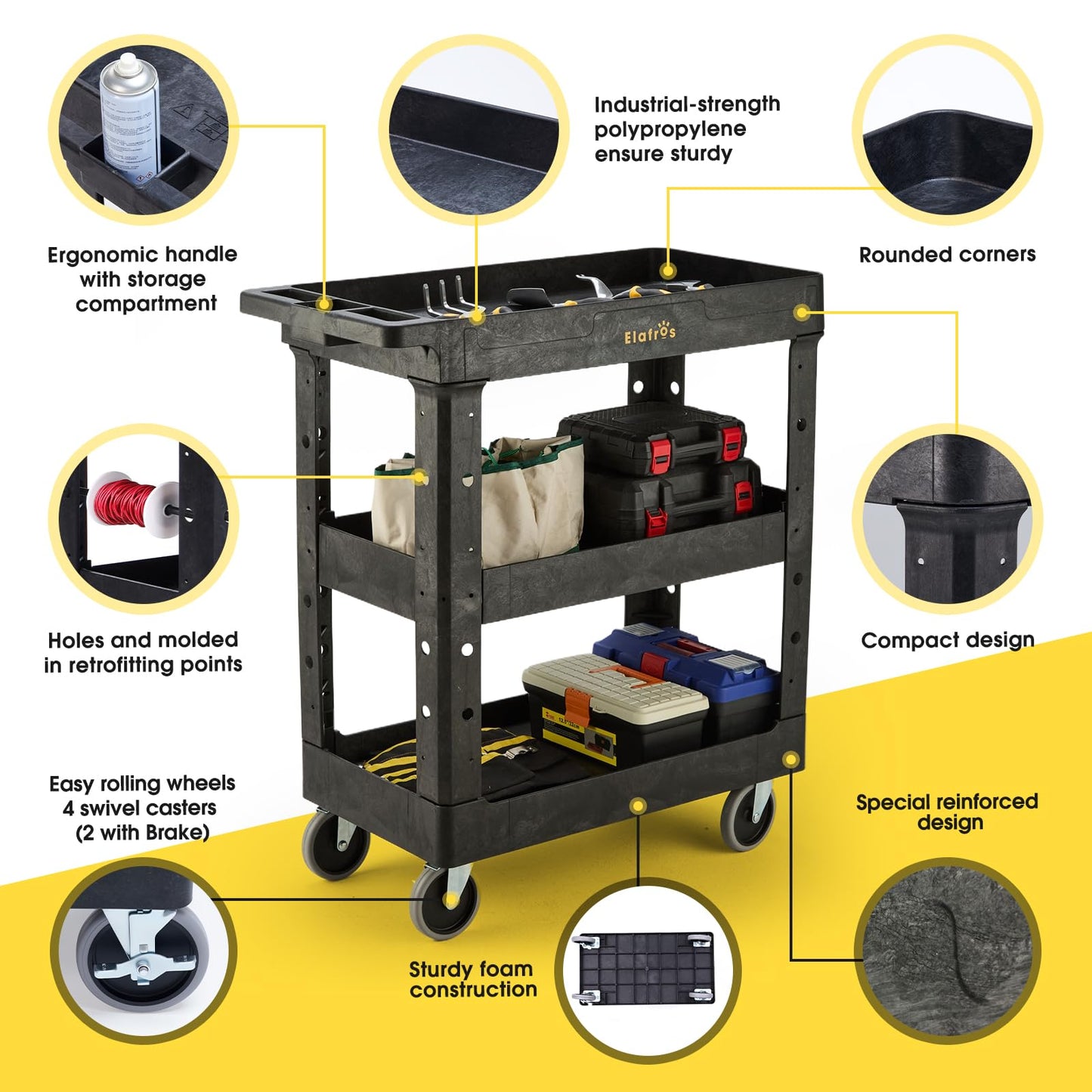 ELAFROS 3 Shelf Heavy Duty Utility Cart, 34" x 17" x 38.5", Rolling Work Cart with 4 Swivel Wheels, Deep Shelves, Safely Holds up to 550 lbs 3-Tier Service Tool Cart, Black