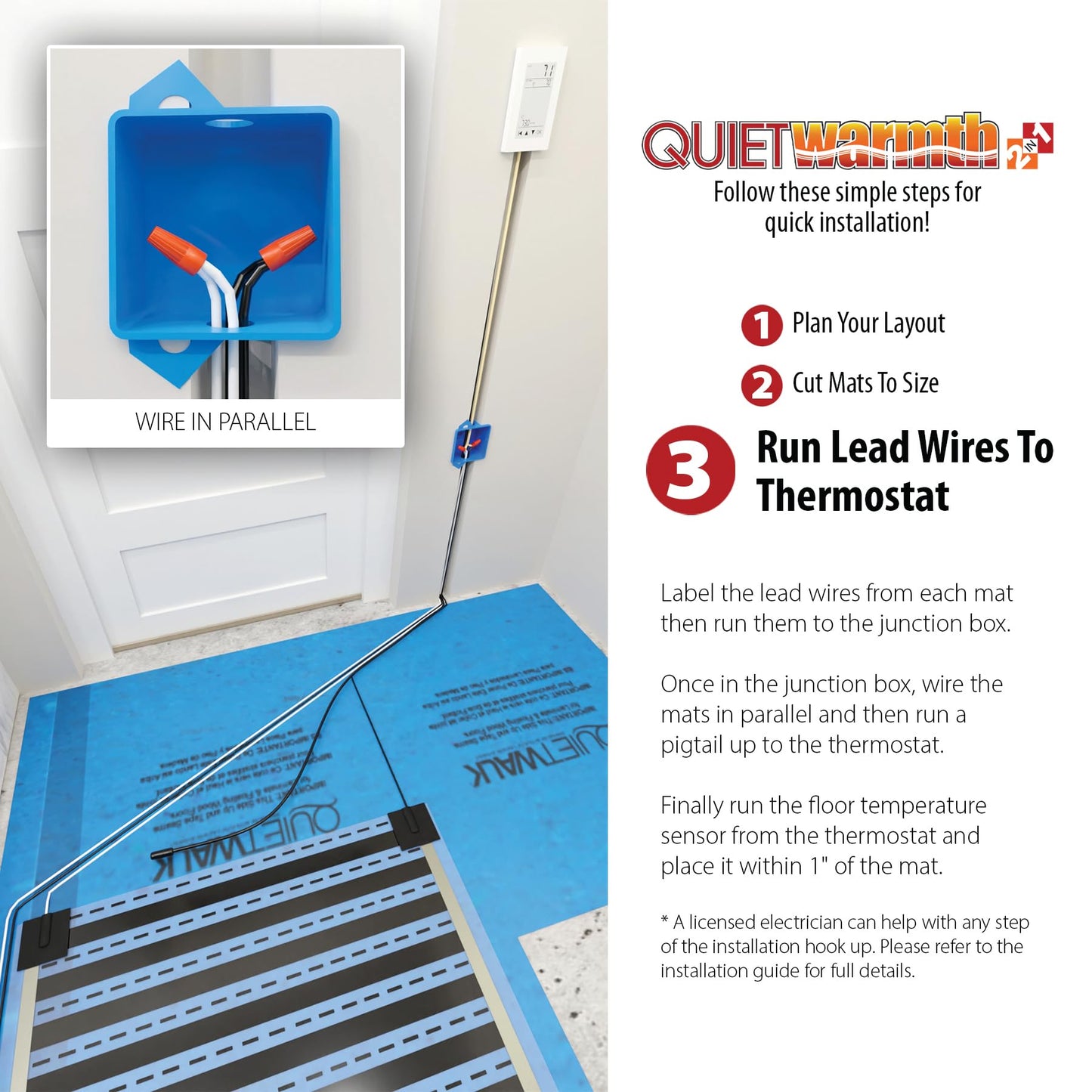 QuietWarmth Float 2-in-1 Kit QWF3X166F240VAL Radiant Floor Heating Mat w/Smart Home Thermostat for Laminate, Wood, Luxury Vinyl Floating Flooring- Cuttable Mat Size 3’x16.7' 240Volt (Covers 50sf)