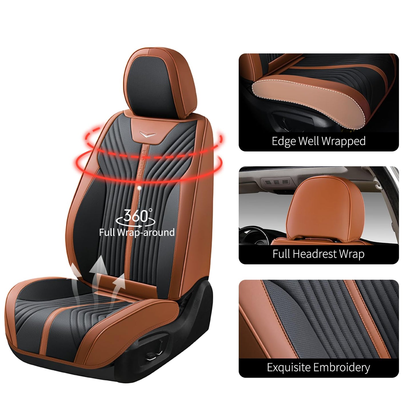 FLORICH Car Seat Cover 5PCs, Seat Cover Full Set, Waterproof Seat Protectors, Brown Leather Seat Covers for Cars, Universal Automotive Vehicle Cushion fit for Most Cars (Brown&Black)
