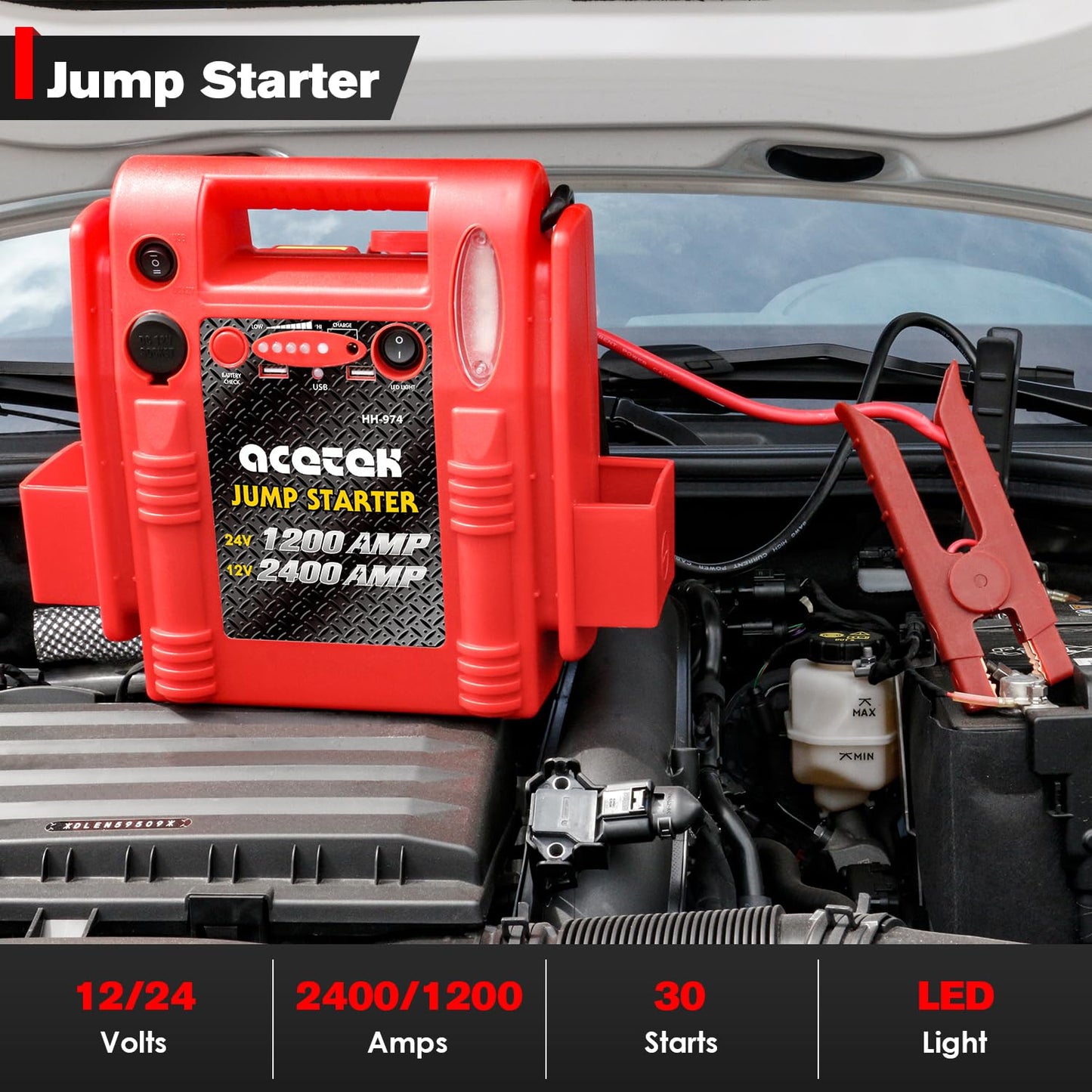 12V / 24V Jump Starter, acetek 2400/1200 Peak Amp Battery Jump Starter for Truck Car Tractor Excavator, Heavy Duty Jump Box Battery Pack with USB and DC Output