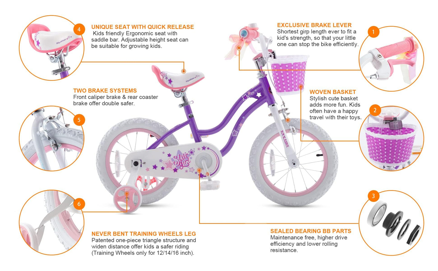 RoyalBaby Girls Bike with Training Wheels and Dual Handbrake, Stargirl Kids Bicycle 20 Inch Toddlers to Big Kids 7-13 Years, Lavender