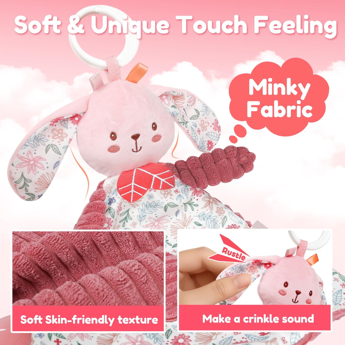 GKDOMS Baby Lovey Rabbit Stuffed Animal for Infant Boys and Girls, Security Blanket and Hand Shaker Set Newborn Stuffed Hanging Animal Plush Snuggle Toy Baby Showers Thank You Gifts