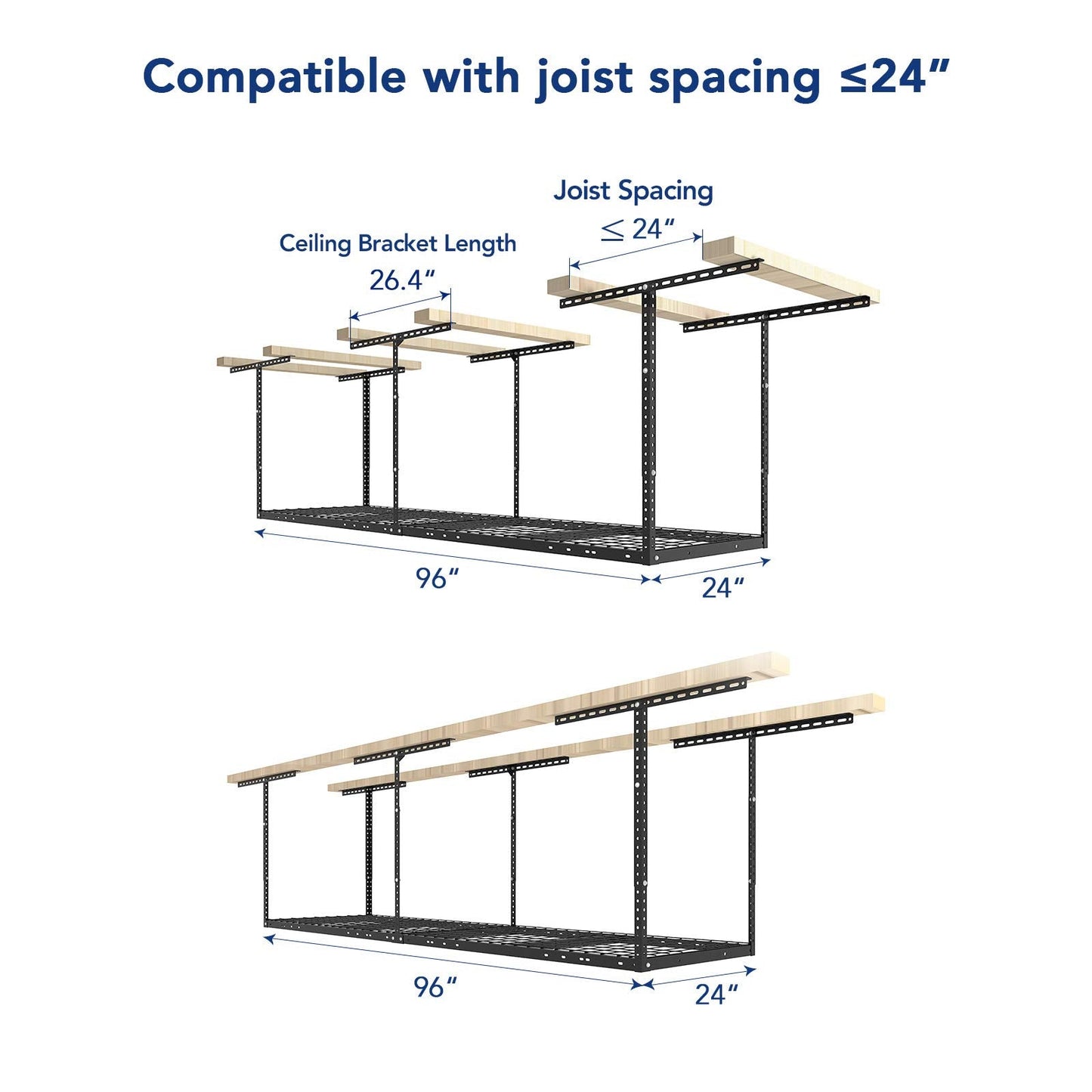 FLEXIMOUNTS 2x8 Overhead Garage Storage Rack, plus 2-Pack 2x4ft Corner Wall Mounted Floating Shelves, 450lbs+440lbs Capacity, Heavy-Duty Garage Organizer, Black