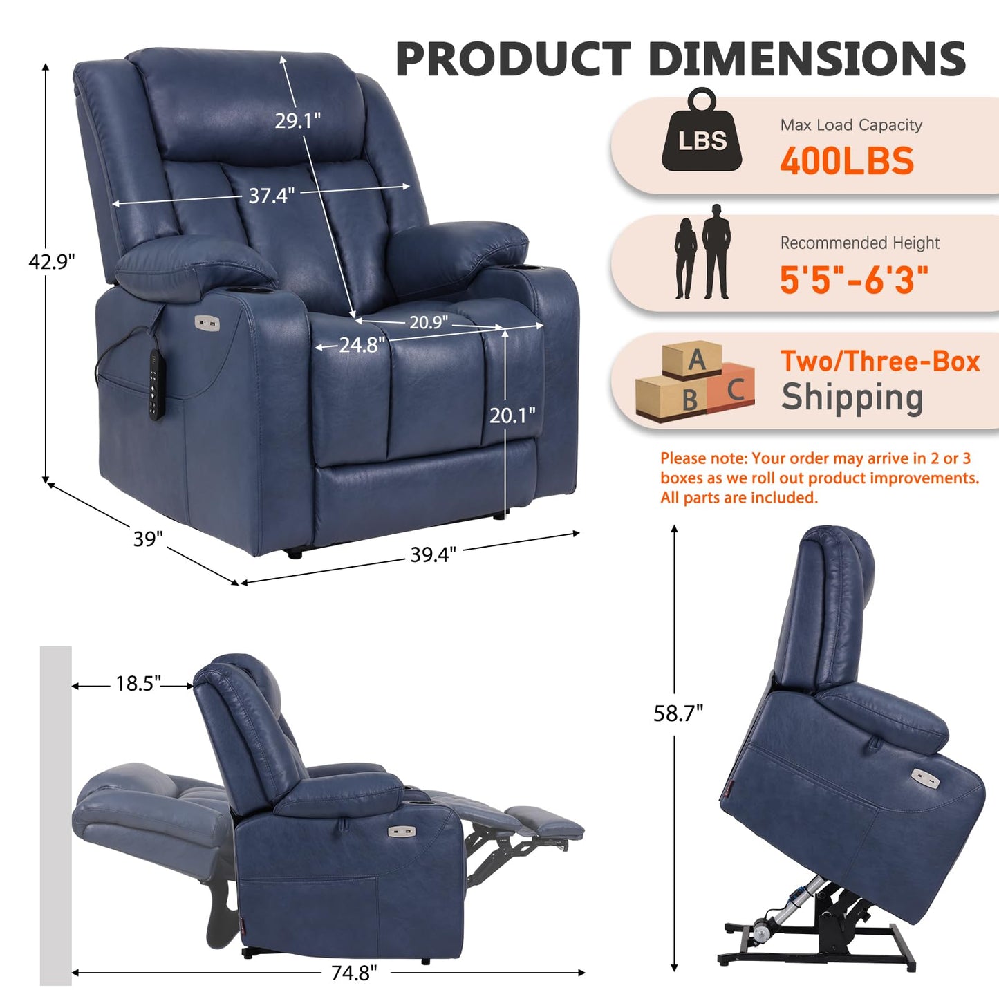 EONIX Dual Motor Oversized Power Lift Recliner Chair for Elderly, 400lbs Heavy Duty Faux Leather Recliner with Massage and Heat, Big and Tall Lay Flat Lift Chair with Cup Holders, SLRY006, Navy Blue