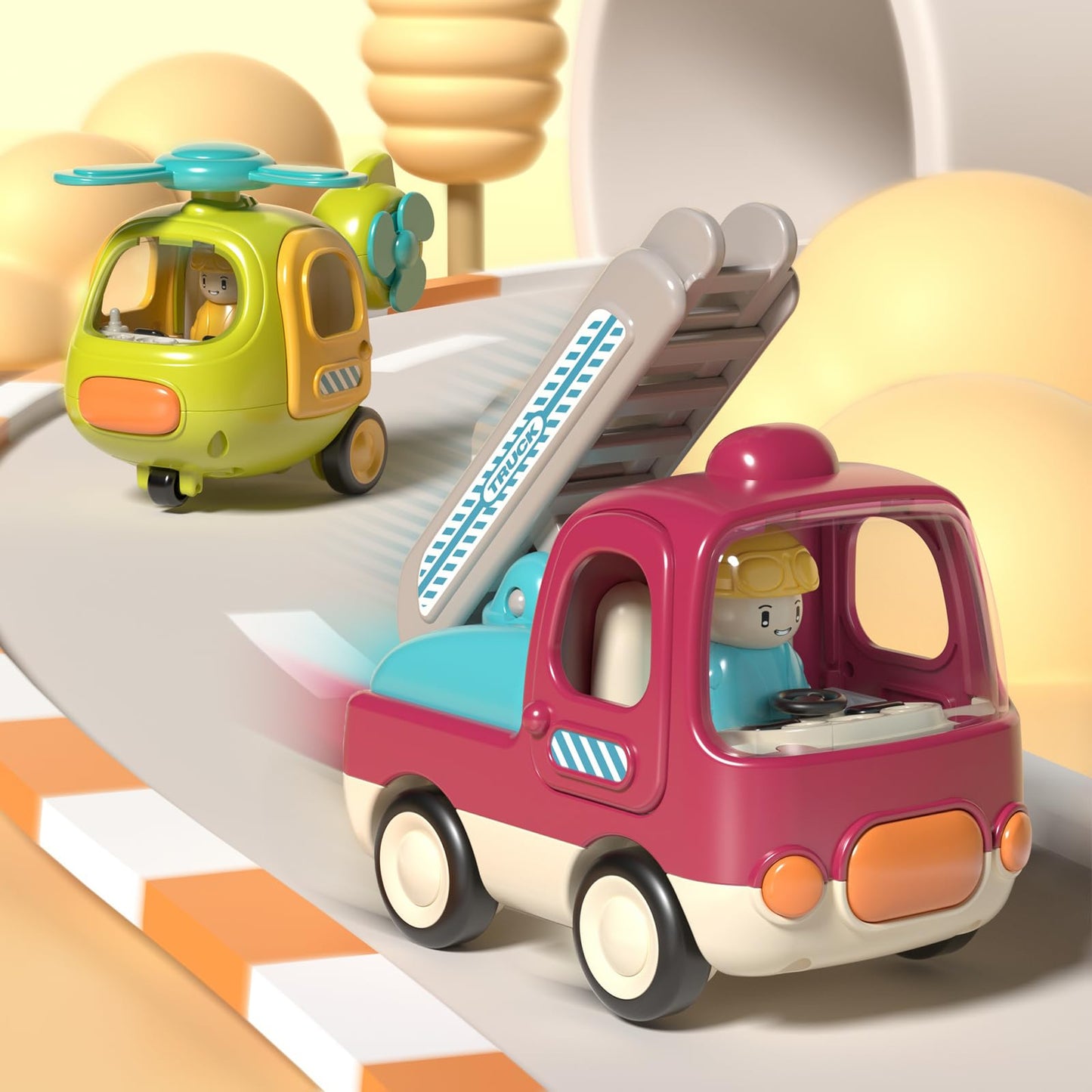 PANITU Baby Toys Push Cars for 1 2 3 Year Old 2 Pack Friction Powered Airplane Fire Trucks for Toddlers 1-3 Lights and Musical Toys for 1 Year Old First Birthday Gifts for Toddler