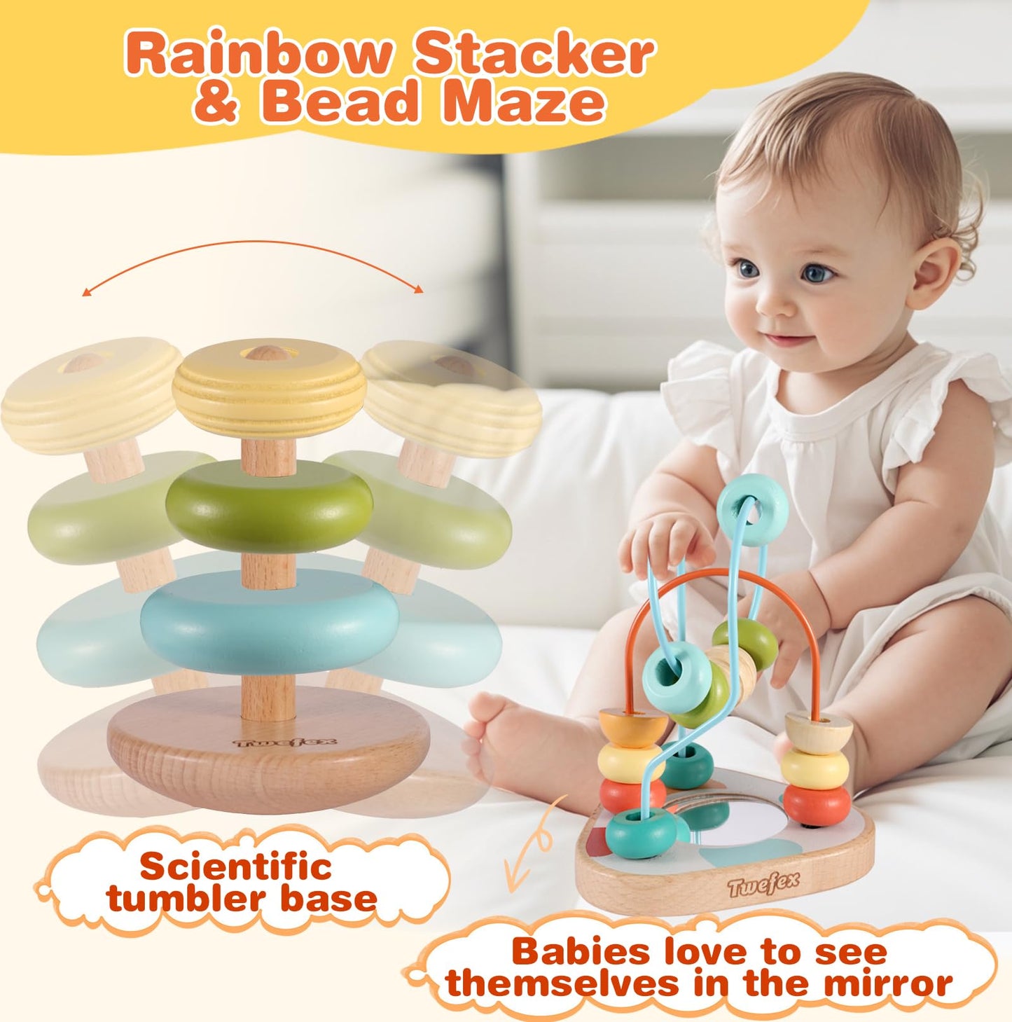 Twefex Wooden Montessori Learning Toys Kit,Babies Toys Set for 1 Year Old, Sensory and Thinking Play kit for Toddlers (Boys and Girls). 4 in 1 Drop Box; Rocking Stacker; Bead Maze.