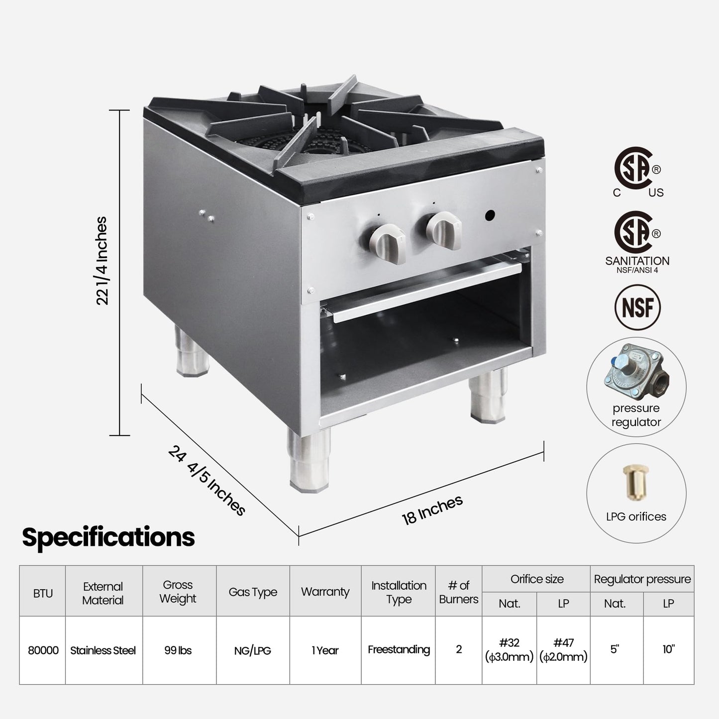 Commercial Stock Pot Range 80000 BTU Single Burner, 18″ Compact Commercial Stove with Cast Iron Grates & LP Conversion Kit for Large Pot Cooking