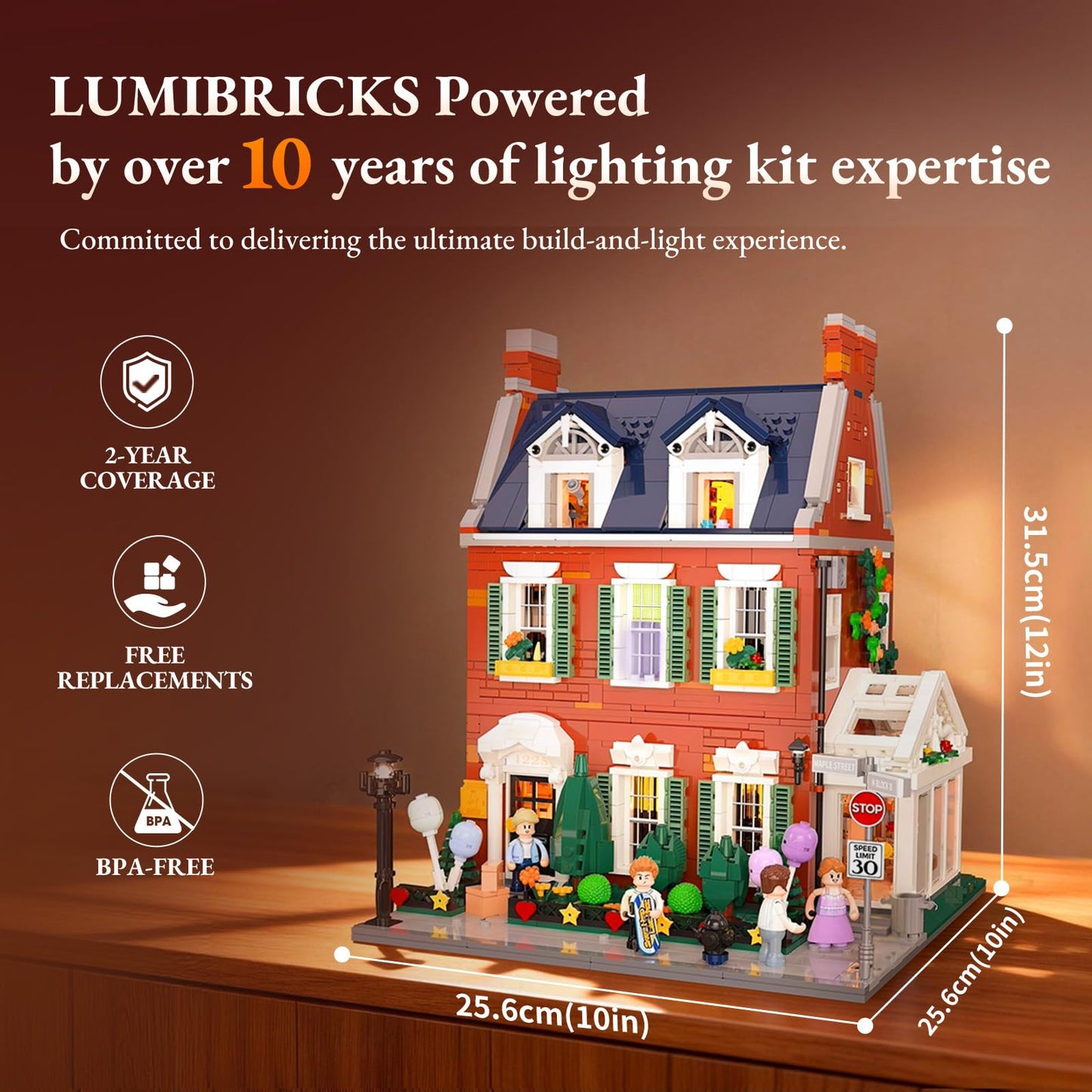 LUMIBRICKS Redbrick Row House Lighting Building Bricks Set - City Town LED Light Modular Construction Model Collection Display Kit with Minifigures 2663 Pcs for Adults & Teens