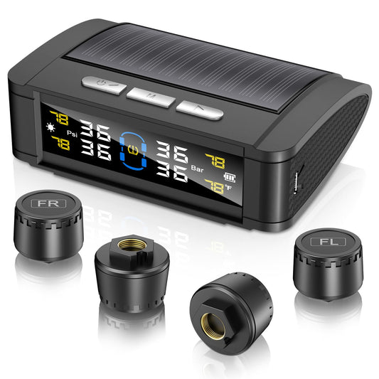 RV Tire Pressure Monitoring System External(w/Language Alarm),TPMS Tire Pressure Monitor System with Solar Charge,Car TPMS with 4 Sensors,Tire Temperature Detector w/Color LCD Display,for Sedan SUV RV