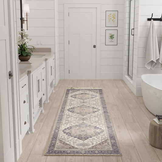 Nourison Home Vintage Washables Ivory Purple 2' x 6' Area Rug - Easy Clean, Non Shedding, Bed Room, Living Room, Dining Room, Kitchen (6' Runner)