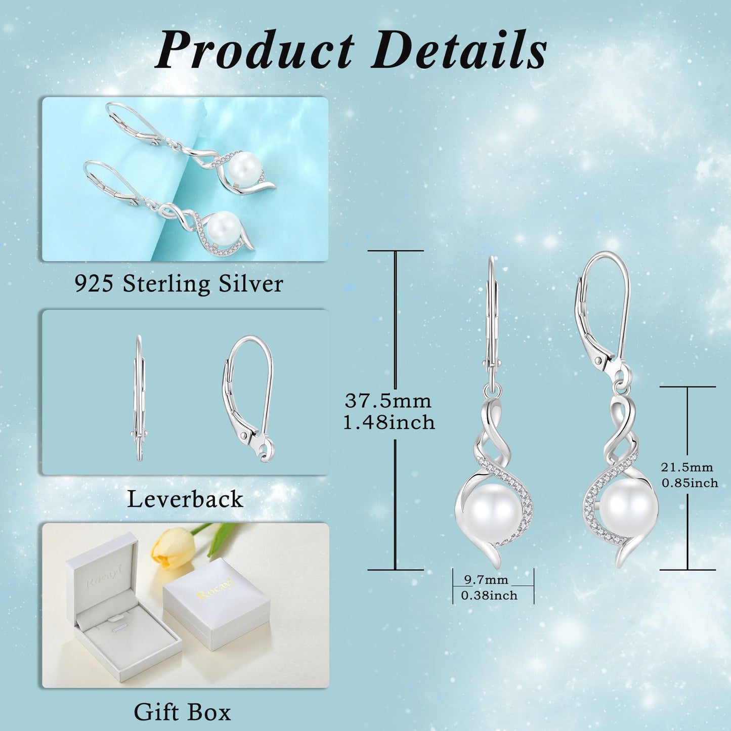 Rocayi Pearl 925 Sterling Silver Infinity Earrings and Necklace Jewelry Set for Women