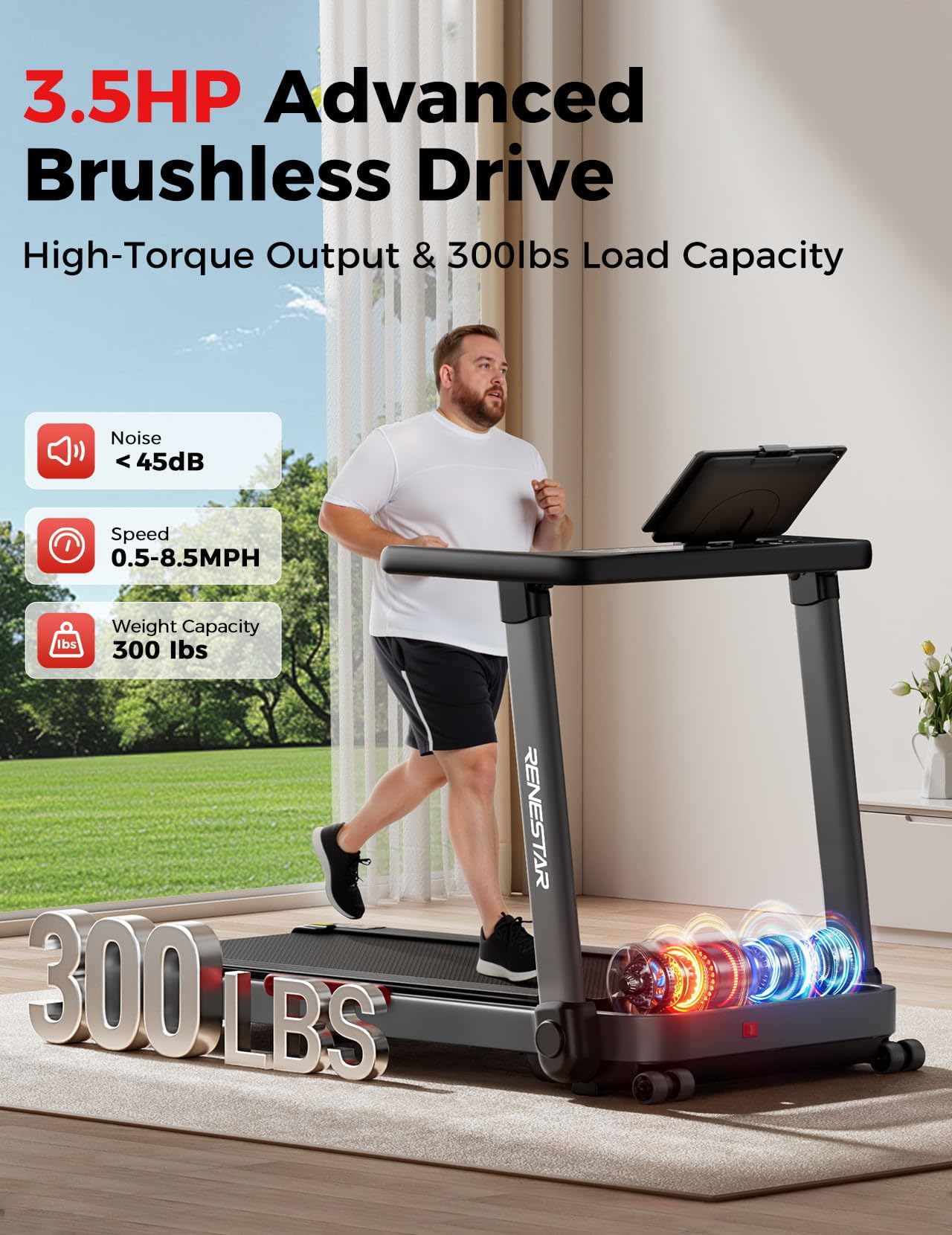 Renestar Treadmill for Home with 25% Auto Incline - 8.5MPH Max Speed, Extra Large LED Touchscreen, 300LBS Capacity, Bluetooth Speaker, 3.5HP Home Office Treadmills for Running Jogging Walking