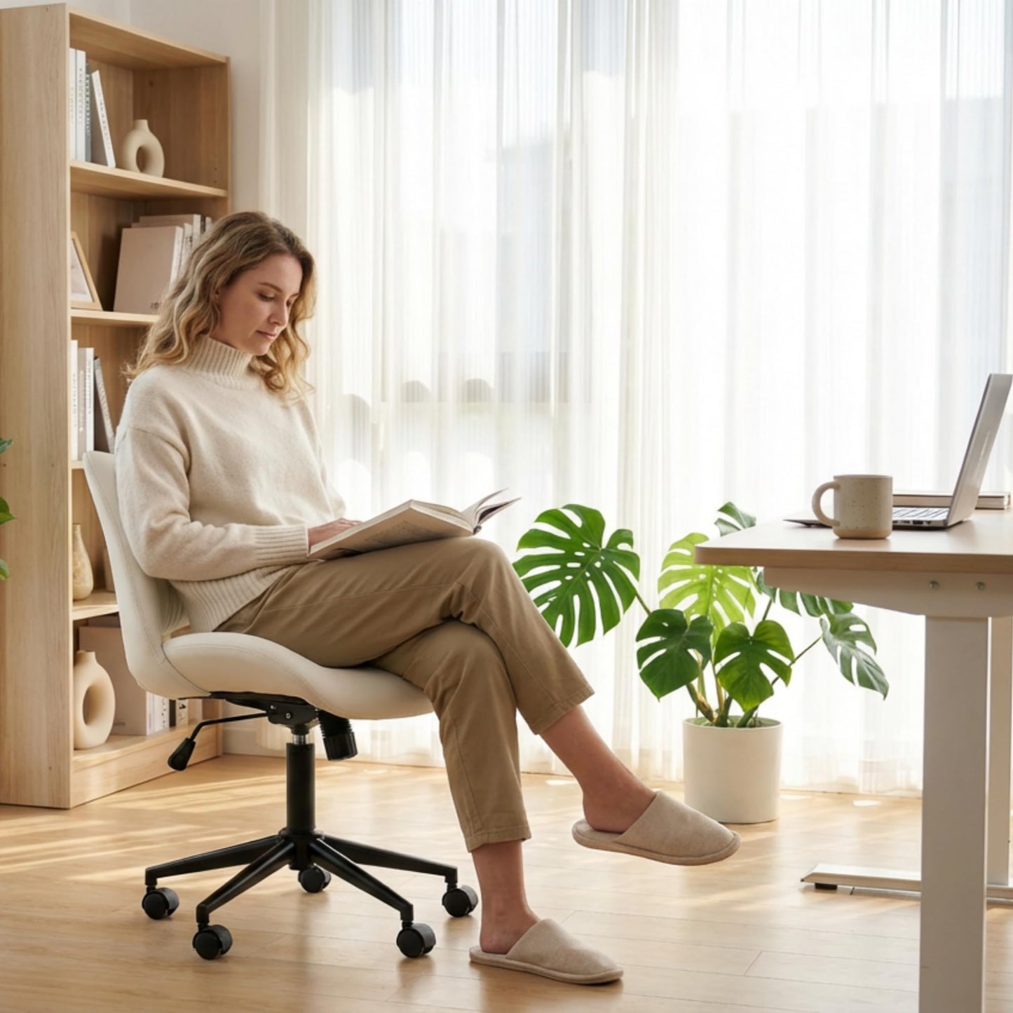 ROHASID Armless Desk Chair, Comfy Armless Office Chair with Wheels, Height Adjustable Faux Leather Desk Chairs for Office, Swivel Vanity Chair with Back for Bedroom, Reading Nook, White
