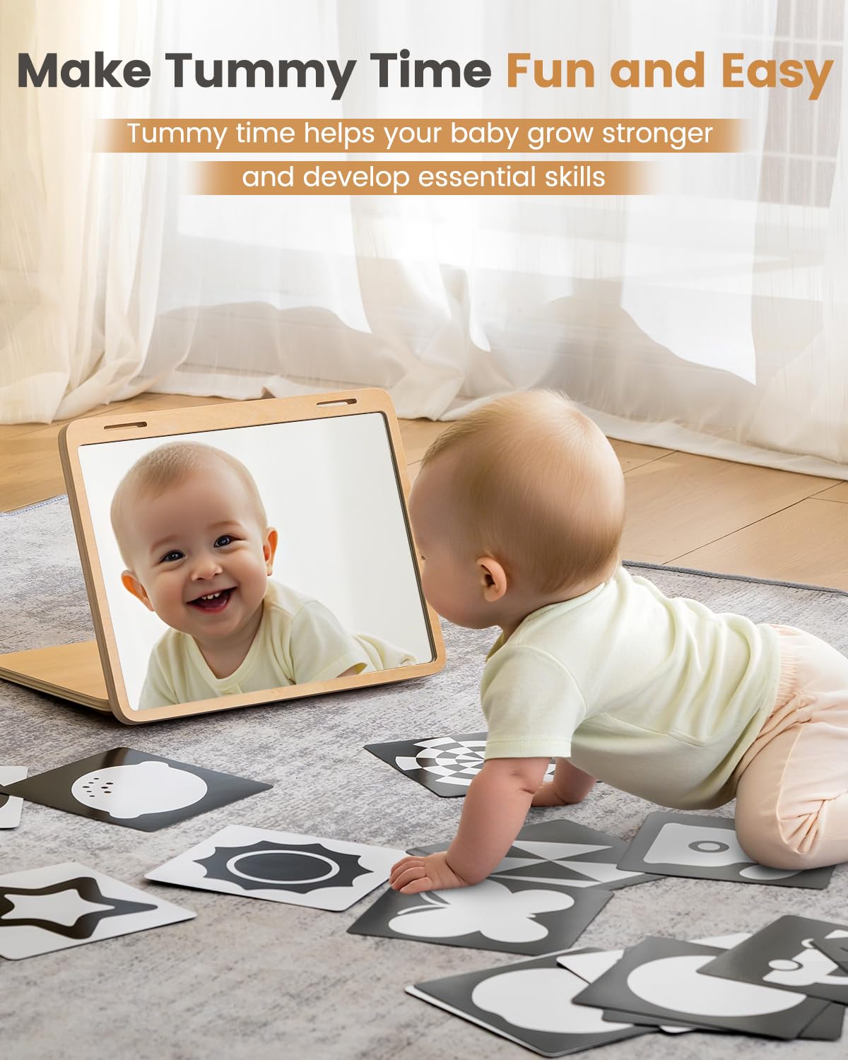 Brezlio Tummy Time Mirror for Baby Montessori Baby Floor Mirror with High Contrast Black and White Cards Infant Safe Mirror Toy for Newborn