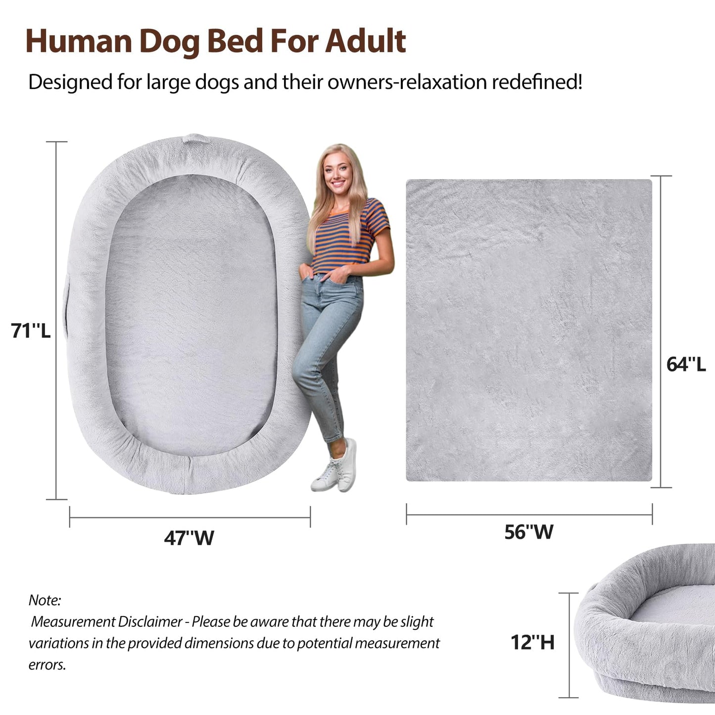L&W BROS. Human Dog Bed for Adults - XL Orthopedic Dog Bed with Memory Foam and Faux Fur Cover - 71" X47"W X12 H - Ultimate Comfort for You and Your Furry Friend (Light Gray)