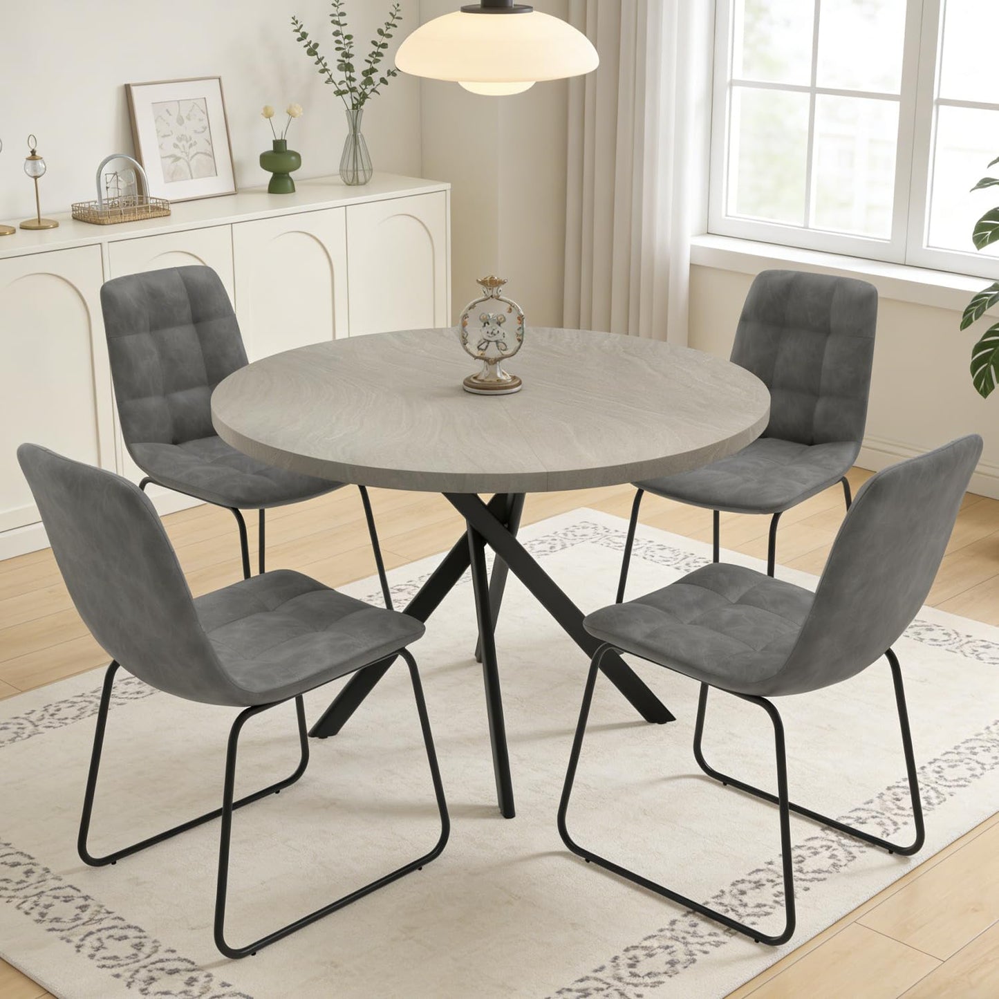 domusdisn 44" Round Dining Table with Cozy Chair Set for 4, Modern Mid-Century Dining Table Set of 4, Dinette Sets with Metal Leg for Kitchen Dining Room Apartment(Gray Table + Gray Chairs)
