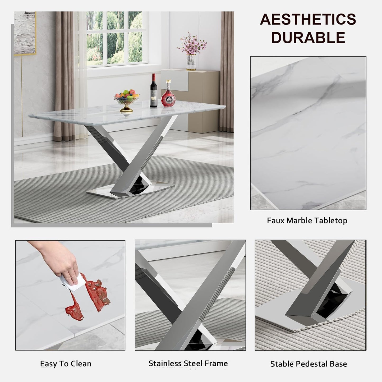Pvillez 7 Piece Faux Marble Dining Table Set for 6, 70" White Silver Kitchen Table Set with X-Shape Stainless Steel Base, Modern Dining Room Table Set with 6 Black Velvet Chairs for Kitchen Dining