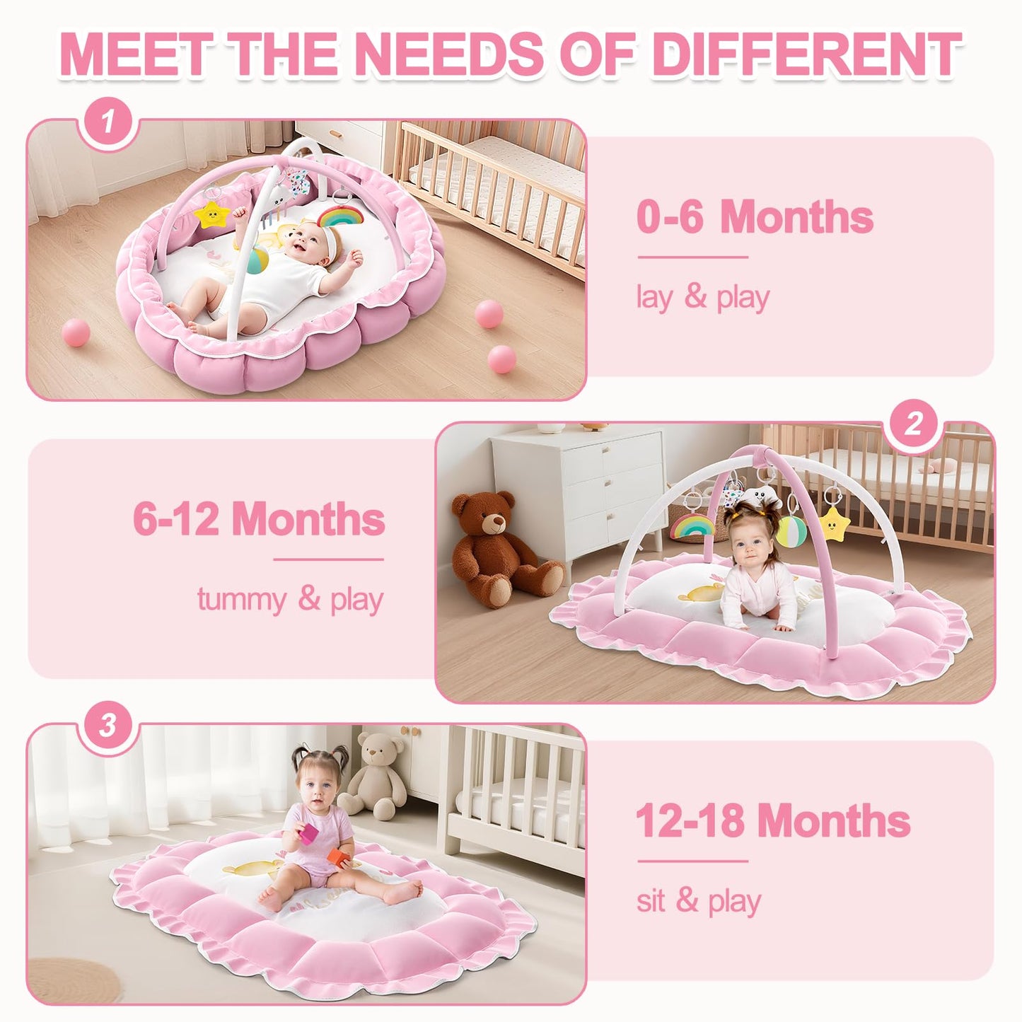 OCATO Baby Play Mat Gym: Baby Girl Gifts Tummy Time Mat Baby Play Gym Thick Large Baby Activity Center from Baby to Toddler Skills Development Baby Essentials Baby Shower Gifts Ball Pit Cat Dog Bed