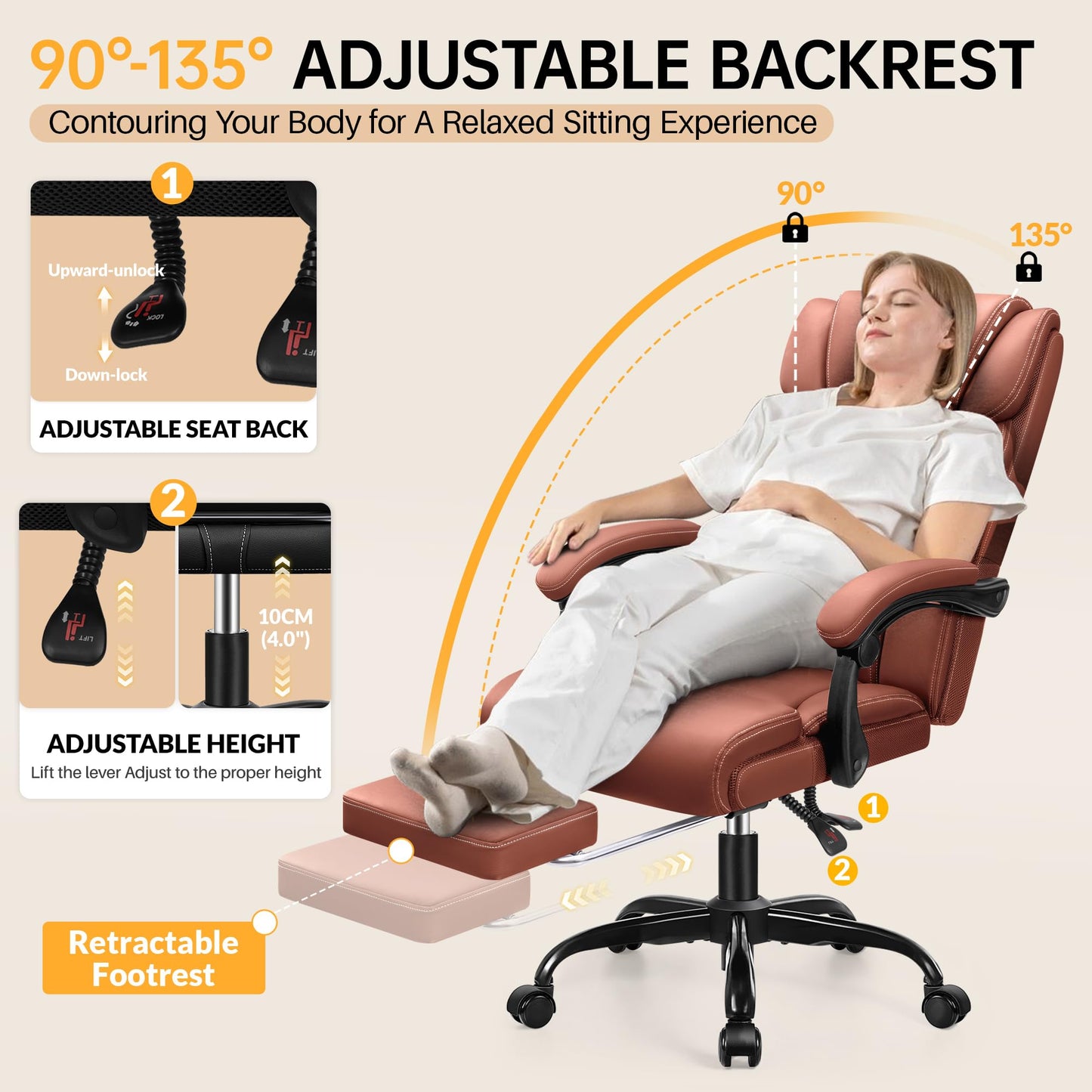 HeroSet Office Chair, Executive Big and Tall Leather Desk Chairs with Footrest, Ergonomic Breathable Computer Chair with Adjustable High Back, Lumbar Support Swivel PC Chairs with Rocking Function