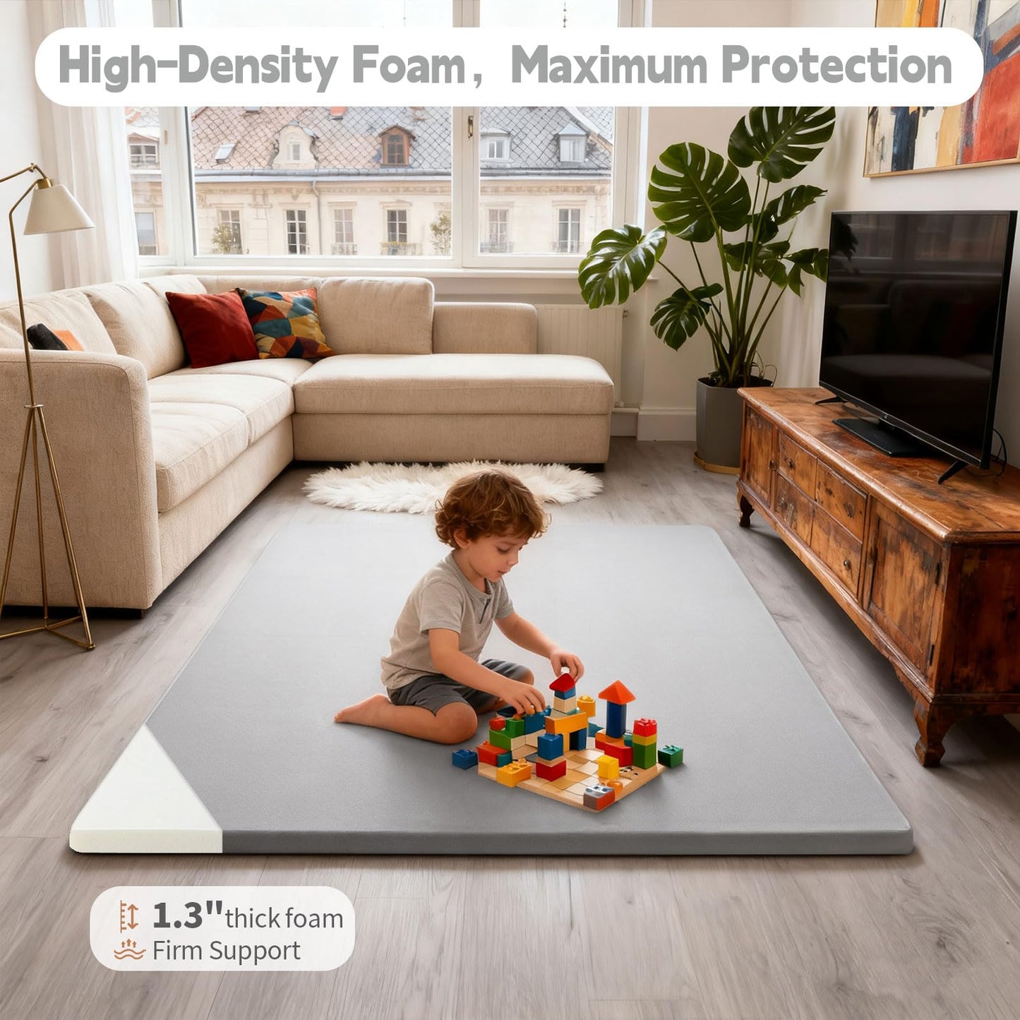 LevNubis PU Leather Baby Play Mat for Floor, 47"×47" Playpen Mat, 1.3" Thick Elasti-Foam, Non-Slip Crawling Mat for Tummy Time, Waterproof & Wipe-Clean Playmat for Toddler,Infant, Kids (Grey）