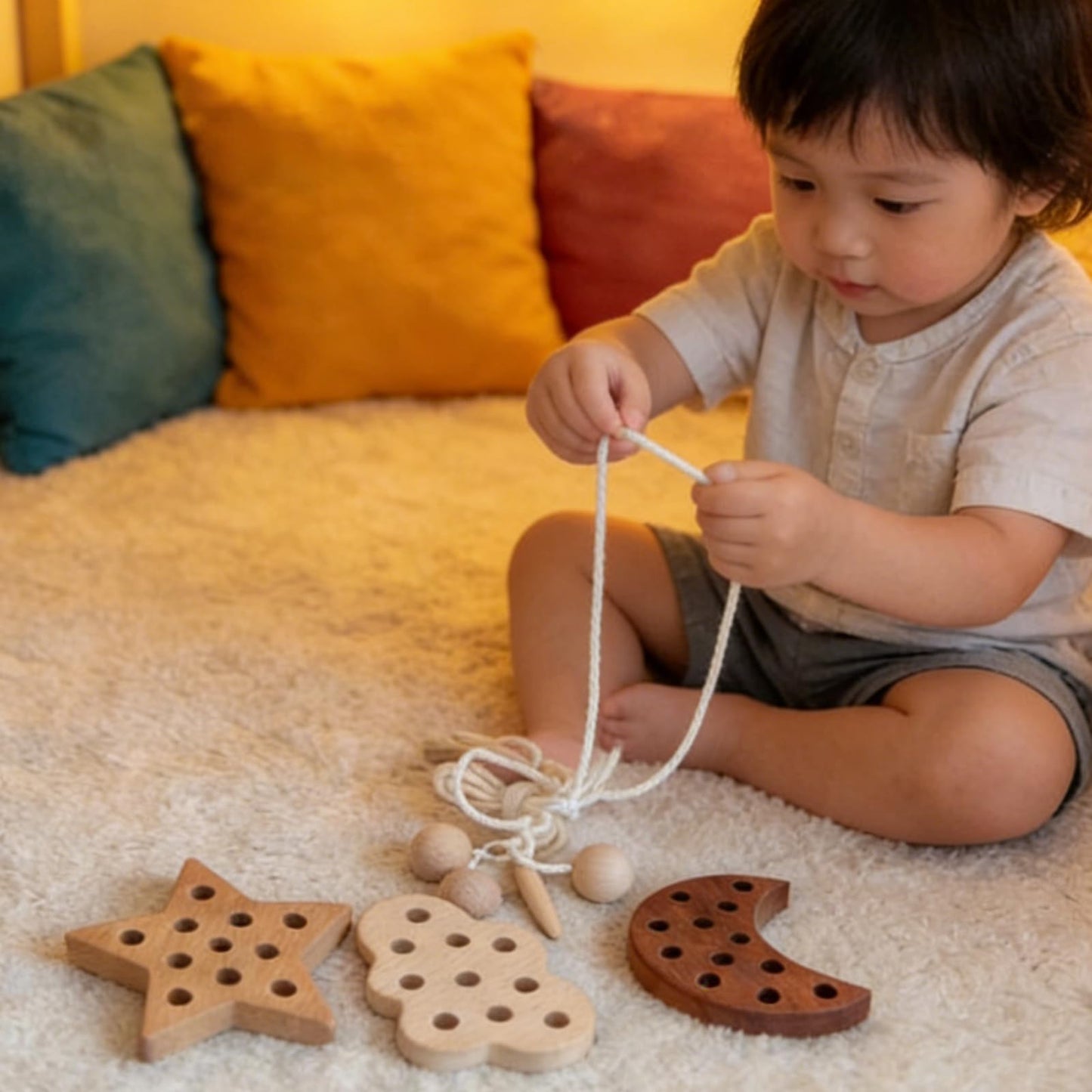 FlameFlash 3 Pack Wooden Lacing Threading Toys for Toddlers 1-3 Solid Wood Threading Activity Puzzles, Moon/Stars/Cloud Quiet Toddler Toys for Airplane Travel Fine Motor Skills Sensory Toys