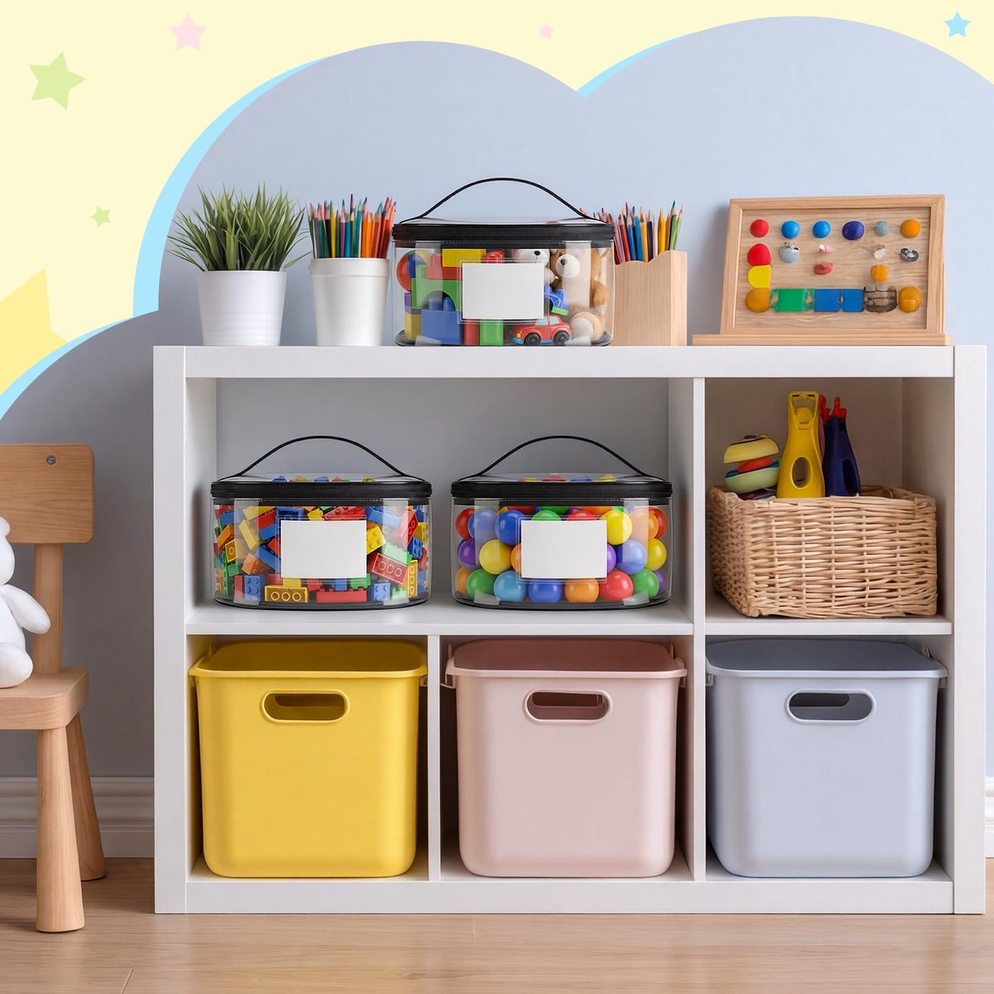 Sunnymove 6 Pcs Round Clear Toy Storage Bag with Handle PVC Cylinder Storage Bags with Label Pocket Waterproof Toys Organizer Bags for Building Blocks Puzzles & Game Pieces Portable Toy Tote