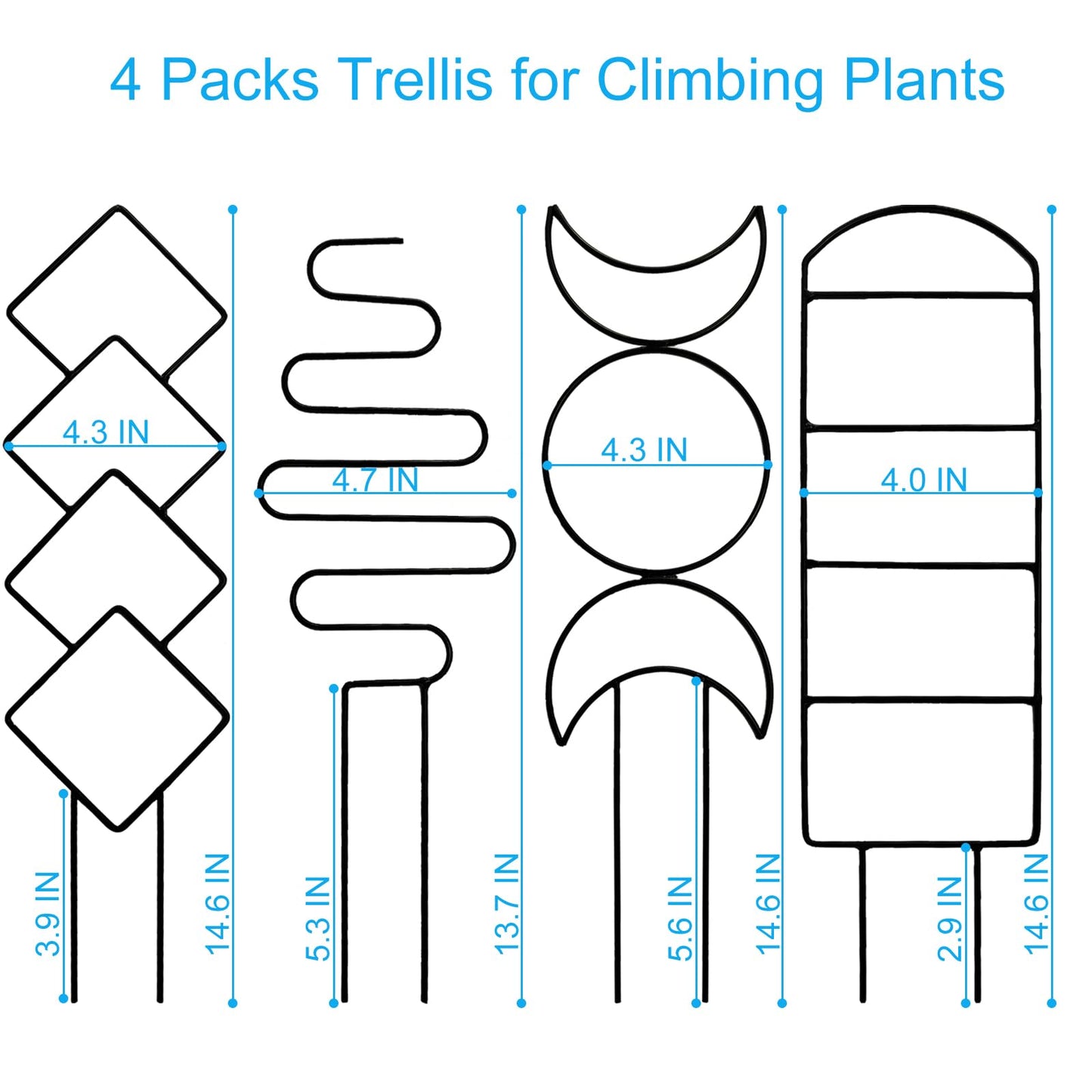 4 Packs Trellis for Climbing Plants Indoor, HENABLE Small Garden Metal Trellis for Potted Plants Outdoor for Vine Ivy Flower Plant Support, 4 Different Black Iron Patterns