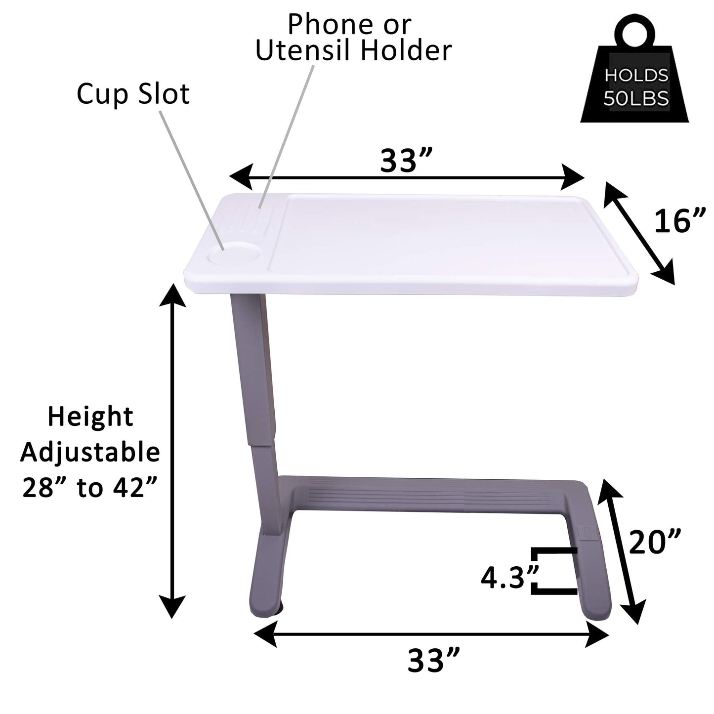 Carex Rolling Overbed Table, Hospital Bed Table, Laptop Tables for Recliner, Bed, Bedside and Sofa, Computer Tables, Hospital Tray, Adjustable with Wheels and Secure Height Adjustment