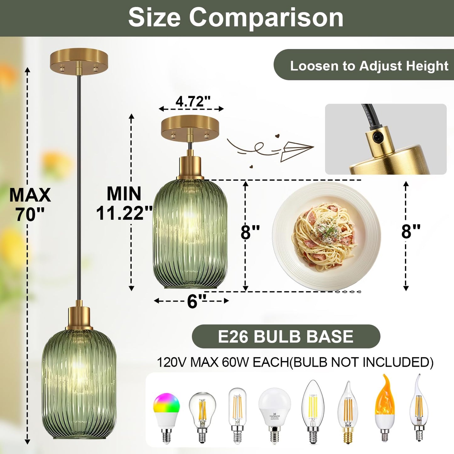 2 Pack Pendant Lights with Vintage Green Ribbed Glass Lampshade, Adjustable Brushed Gold Pendant Lights Fixtures for Kitchen Island Lighting Sink, Dining & Living Room Hallway (Bulbs Not Included)