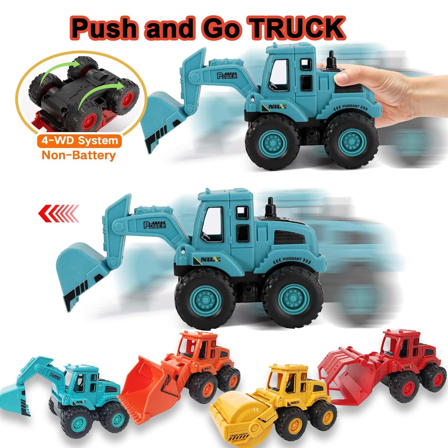 exinddea 4PCS Construction Toys,Friction Powered Construction Truck Toys Vehicles,Mini Construction Vehicles Toys Sand Truck Toys,Bulldozer Excavator Roller Truck Toys Gift for Kids Boys Girls