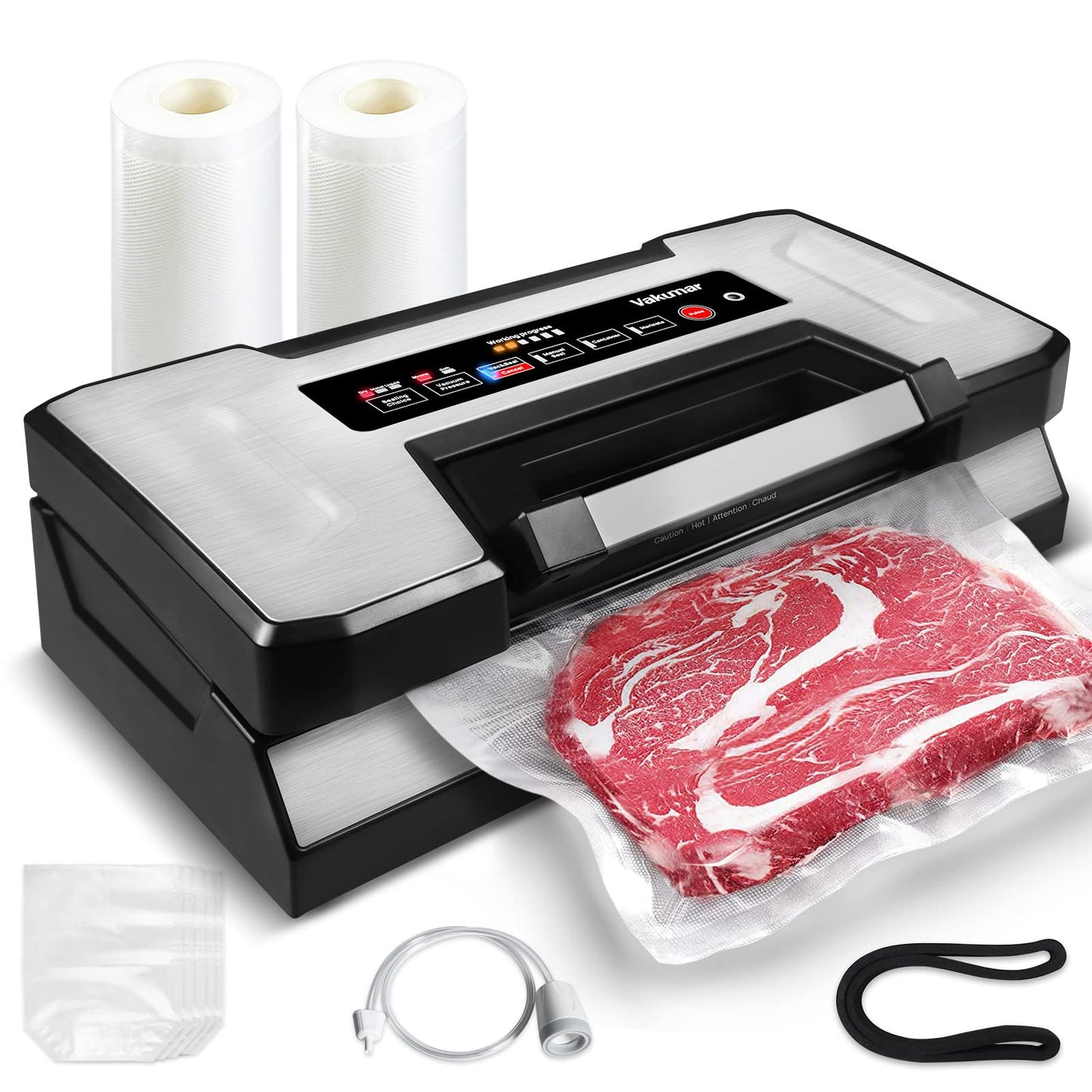 Vakumar Vacuum Sealer Machine, 90Kpa Liquid Food Vacuum Sealer Machine Preservation Dry/Moist/Liquid Modes, LED Indicator Light, Handle Locked Design, Built-in Cutter and Bag Storage, Starter Kit