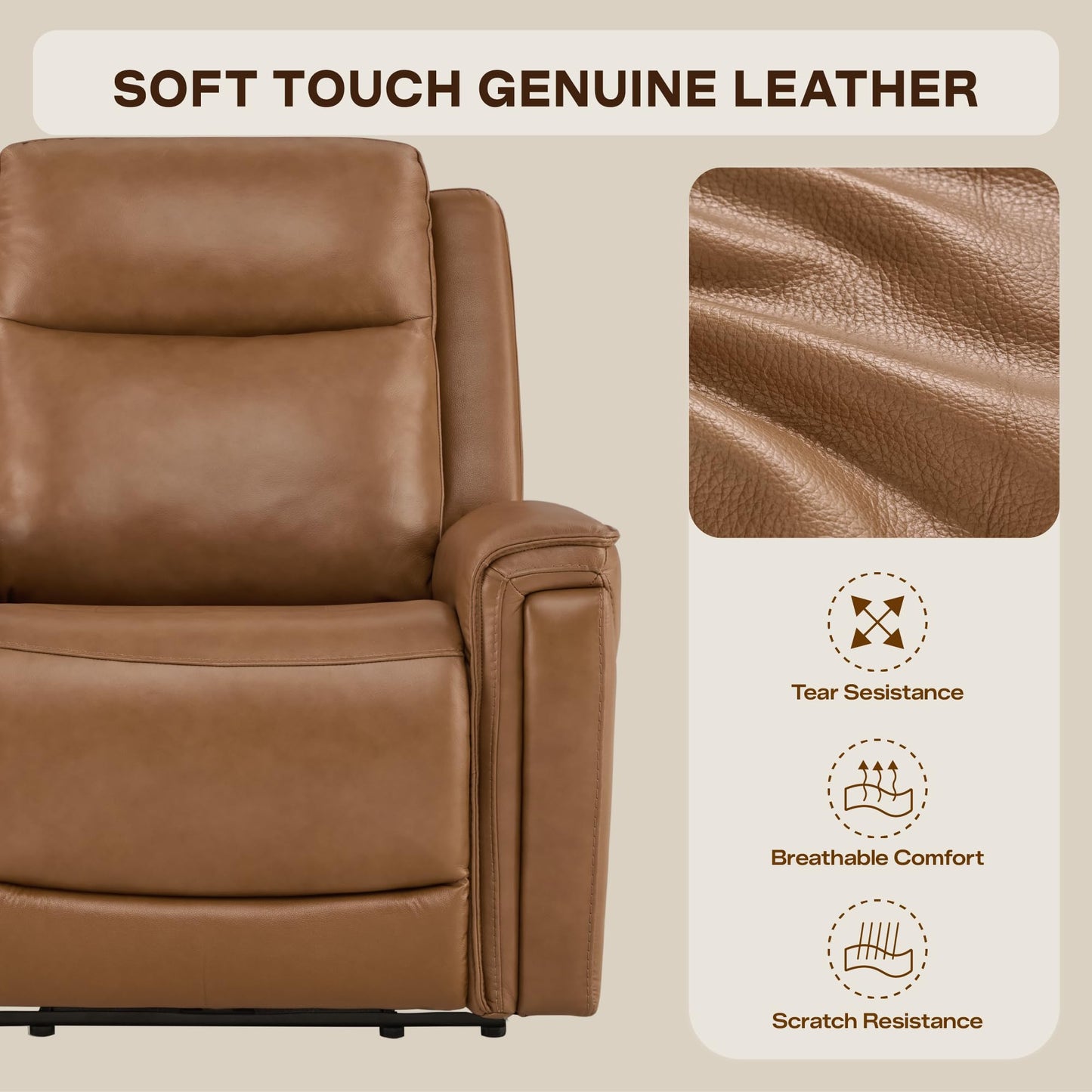 Watson & Whitely Super Zero Gravity Power Recliner Chair with Power Headrest, Genuine Leather Recliner with USB & Type-C Ports, Electric Reclining Sofa Chair for Living Room, Bedroom, Saddle Brown
