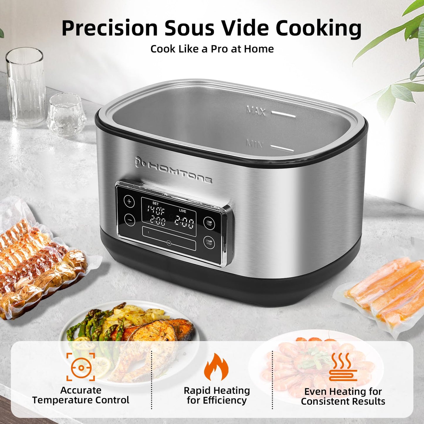Homtone 8 Quart Sous Vide, Temperature Control Sous Vide Cooker with Timer, Stainless Steel Sousvide for Steak/Seafood/Vegetables, Suveed Cooking Machine Precision Steak Cooker with Vacuum Bags