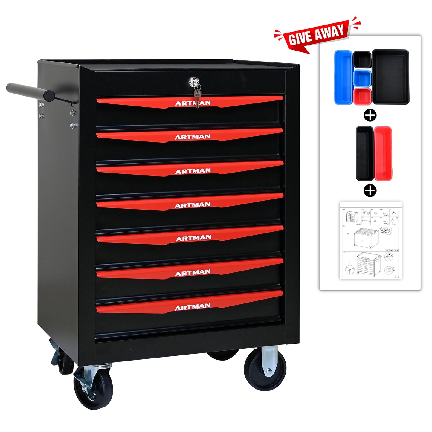 nifoti 7 Drawers Tool Cart on Wheels, Multifunctional Rolling Tool Storage Chest, Drawers Rolling Trolley Organizer Tool Box for Warehouse, Garage, Workshop, Repair Shop (7 Drawers-30.5"H)