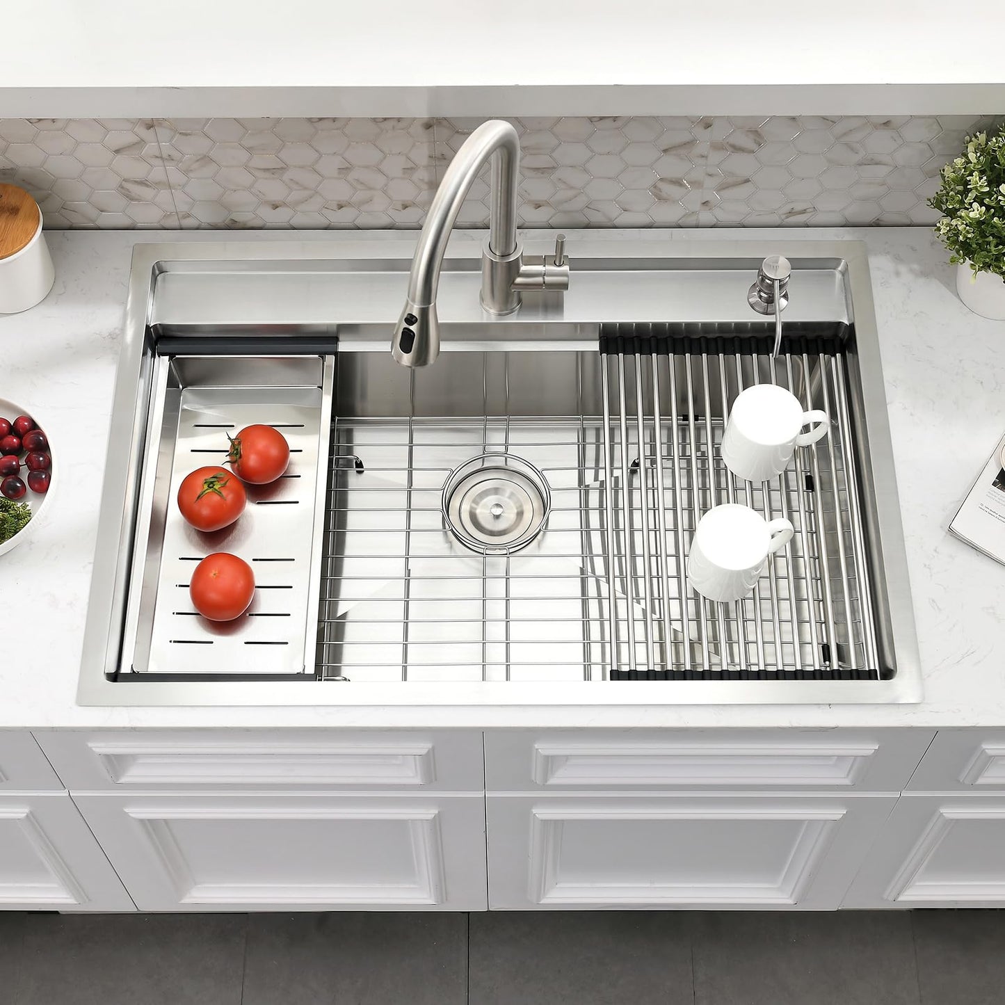WMXQX 33 Inch Drop In Kitchen Sink Splash Guard Workstation, 33x19 Kitchen Sink Drop In Stainless Steel Top Mount Sinks 16 Gauge Rounded Corner Single Bowl 10" Deep Basin with Cutting Board