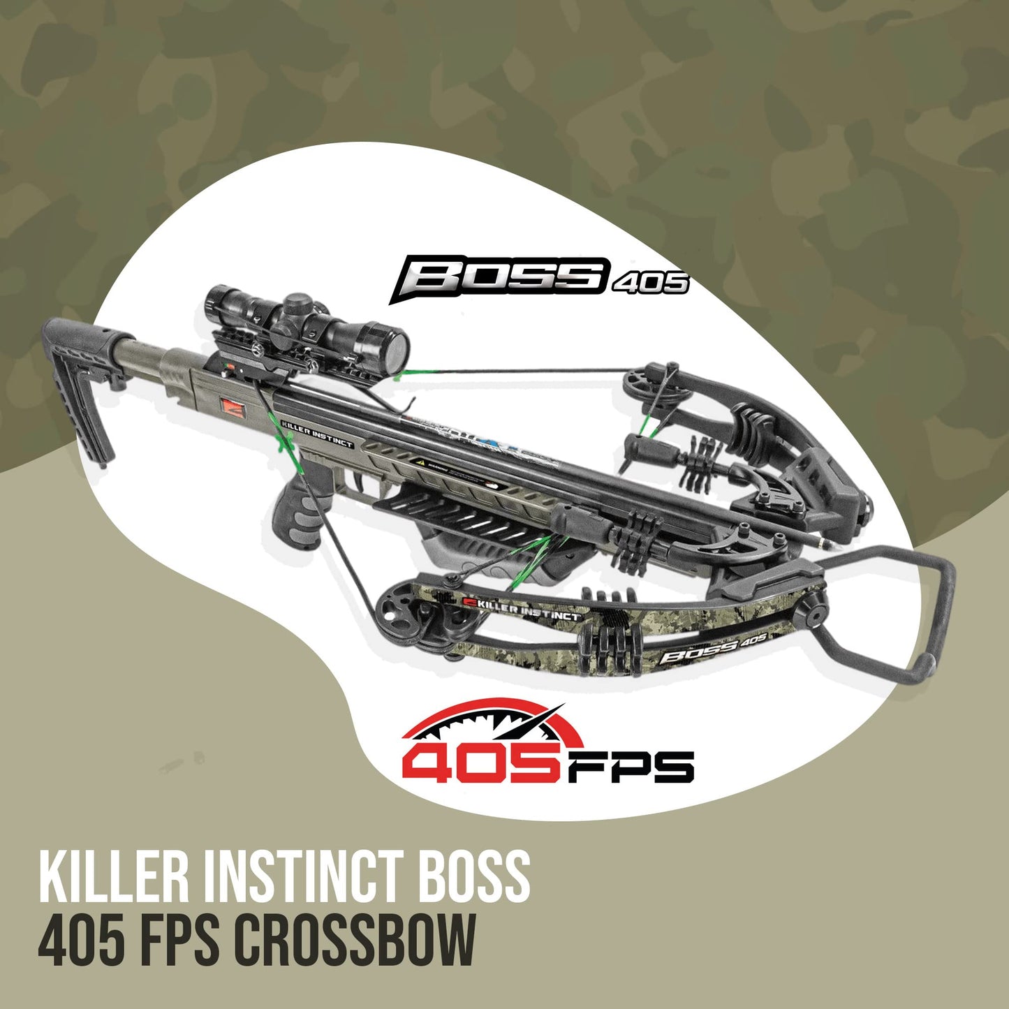 Killer Instinct Boss 405 FPS Deluxe Crossbow Package Bundle with Crossbow Carrying Case, 9-Pack of Crossbow Bolts and Broadheads, Decocking Bolt, Sling and Accessories (7 Items)
