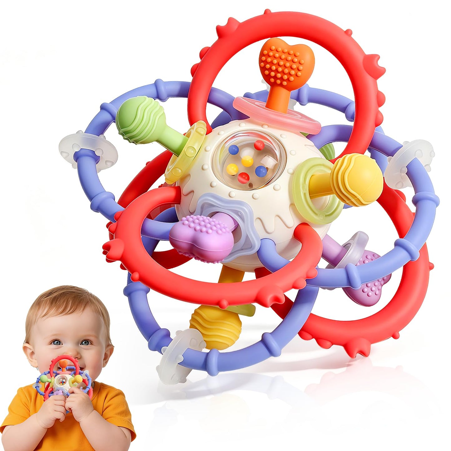 Baby Sensory Teething Toys 0-6 6-12 Months, Multi-Functional Baby Teether & Rattle Toy, BPA-Free Silicone Baby Chew Toy for Teething Relief, Ideal Newborn Infant Shower Gifts for Boys Girls